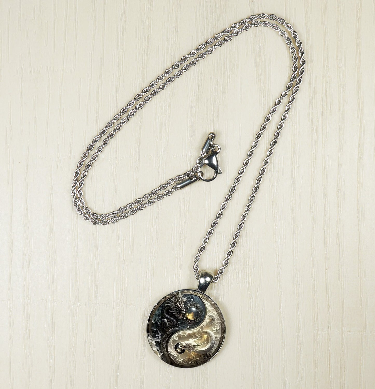 Intricate Highly Detailed Yin Yang Dragon Pendant, Stainless Steel Rope Chain, 20 Inch, Gift for Him or Her