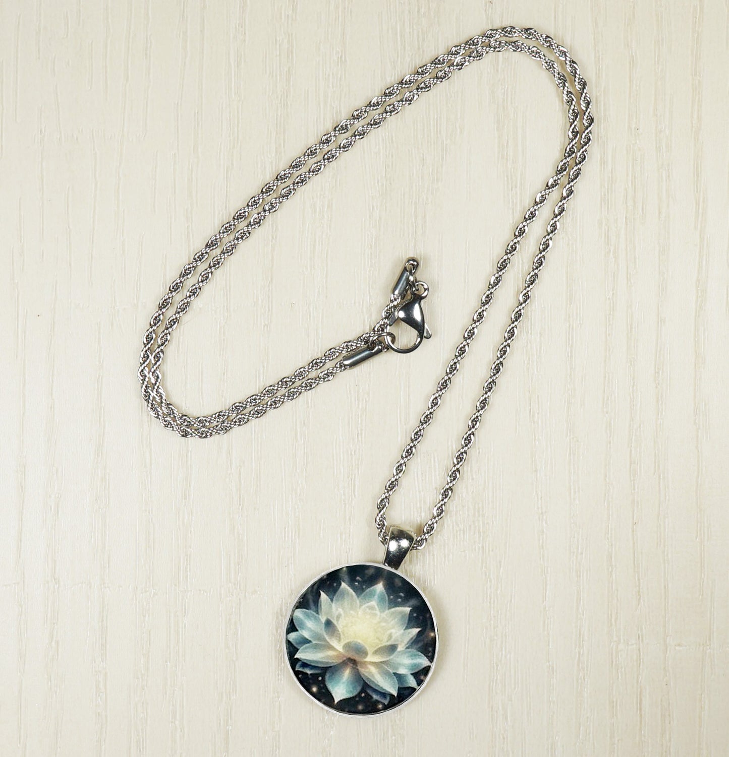Small Lotus Flower Printed Pendant, Stainless Steel Rope Chain Necklace, Feminine Gift for Her