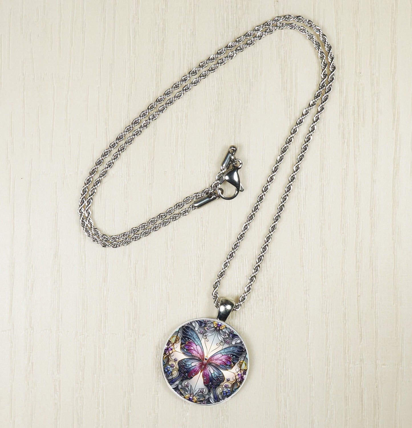 Intricate Highly Detailed Colorful Small Butterfly Printed Pendant, Stainless Steel Rope Necklace, Gift for Her