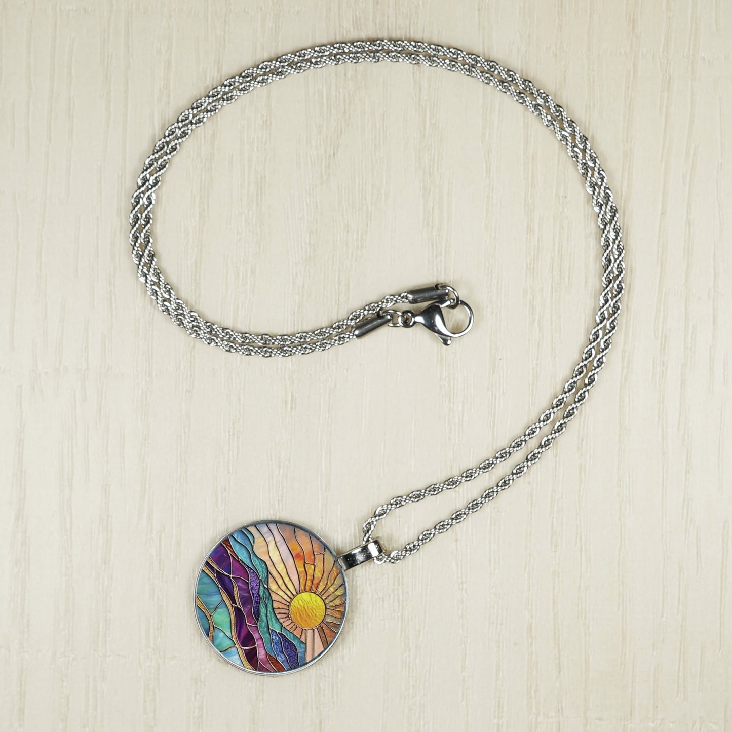 Intricate Highly Detailed Stained Glass Look Rising Setting Sun Pendant on Stainless Steel Rope Chain, 20 Inch