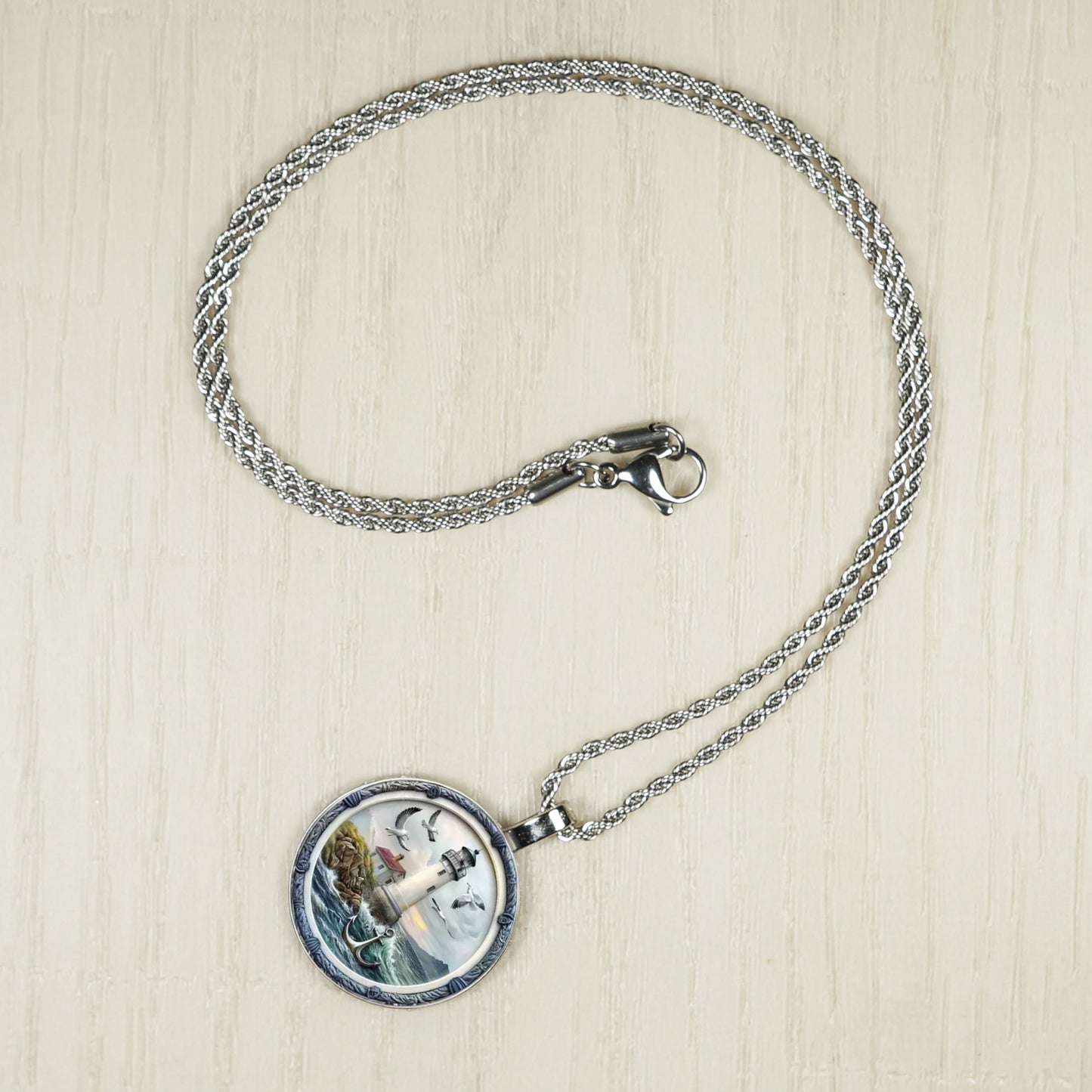 Intricate Highly Detailed Lighthouse Pendant on Stainless Steel Rope Chain, 20 Inch
