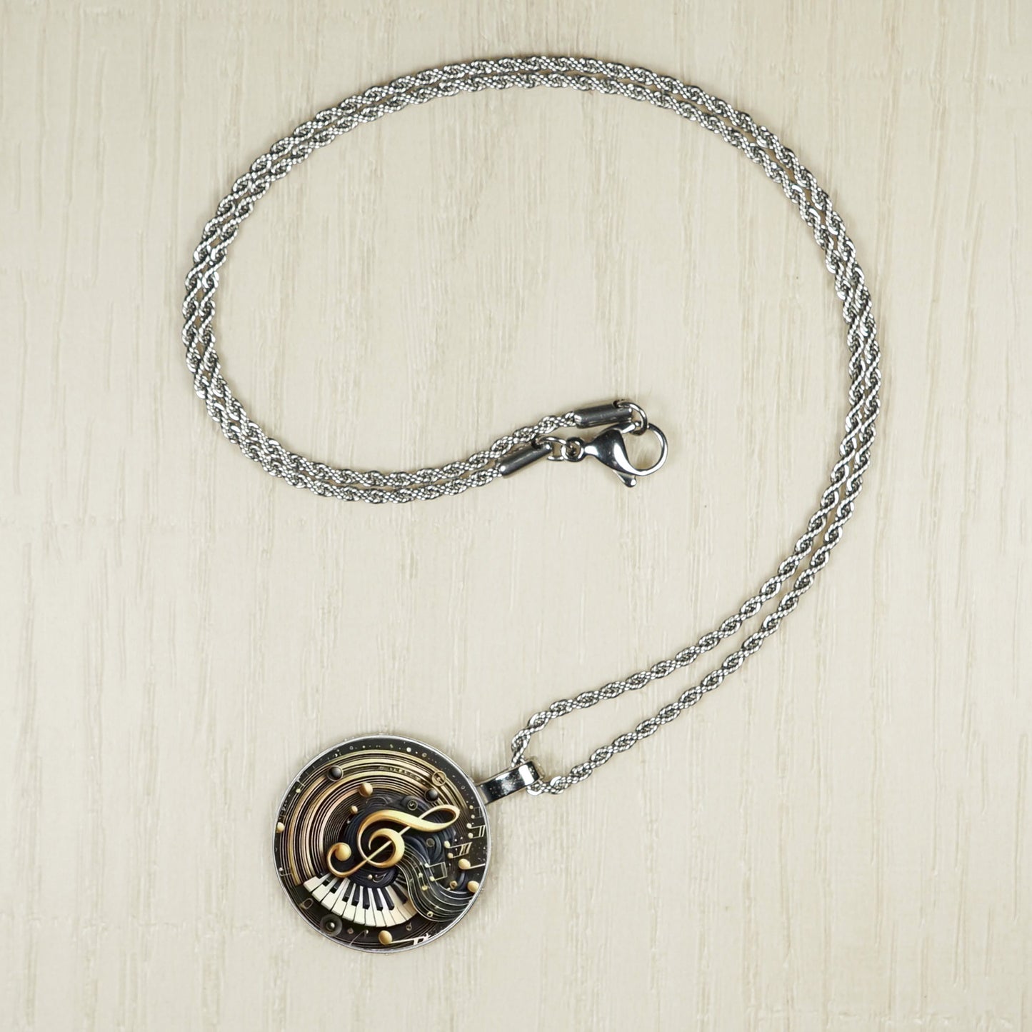 Intricate Highly Detailed Treble Clef Piano Keys Music Pendant, Stainless Steel Rope Chain Necklace, 20 Inch, Unisex Gift for Musicians & Music Lovers