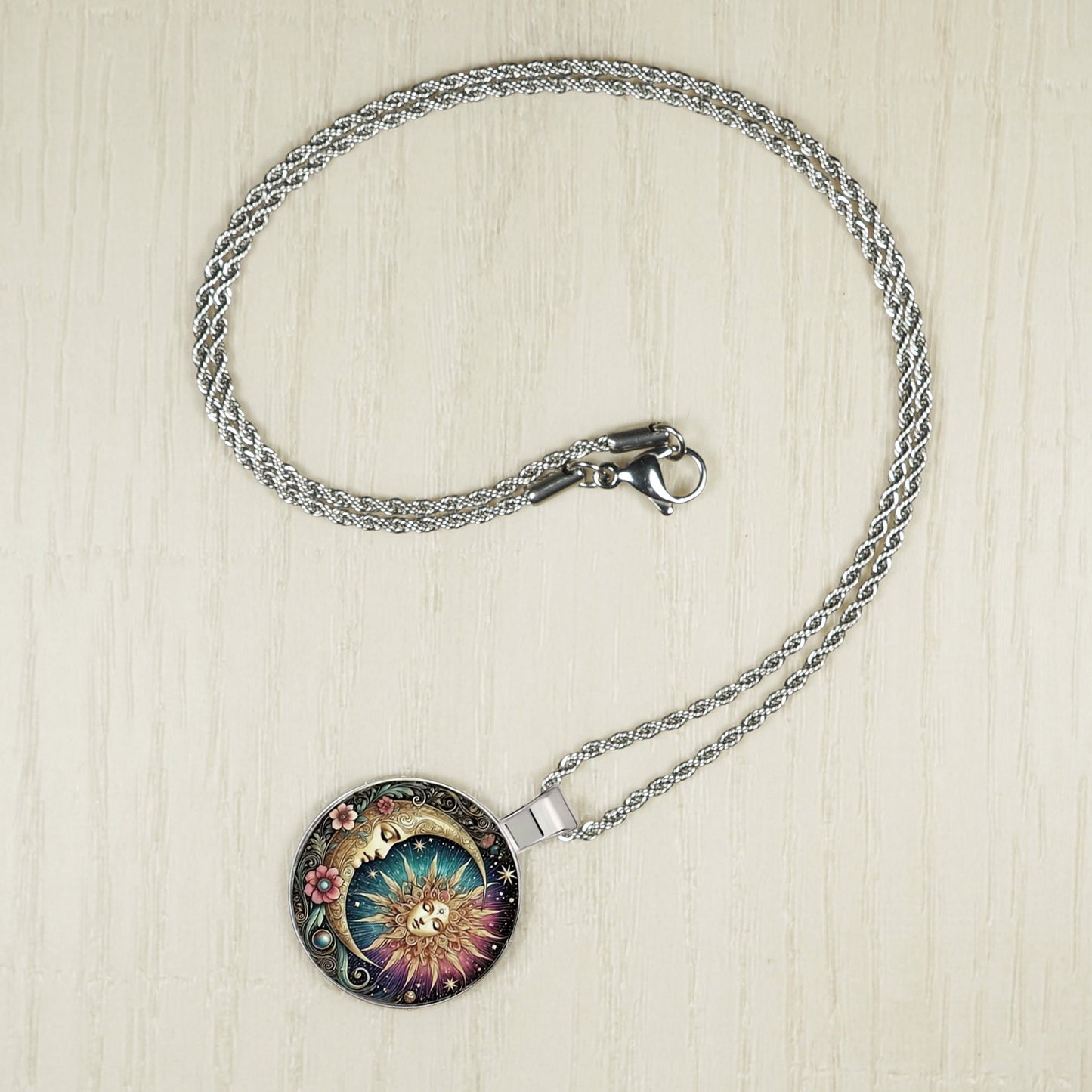 Intricate Highly Detailed Celestial Sun Pendant on Stainless Steel Rope Chain, 20 Inch, Gift for Her