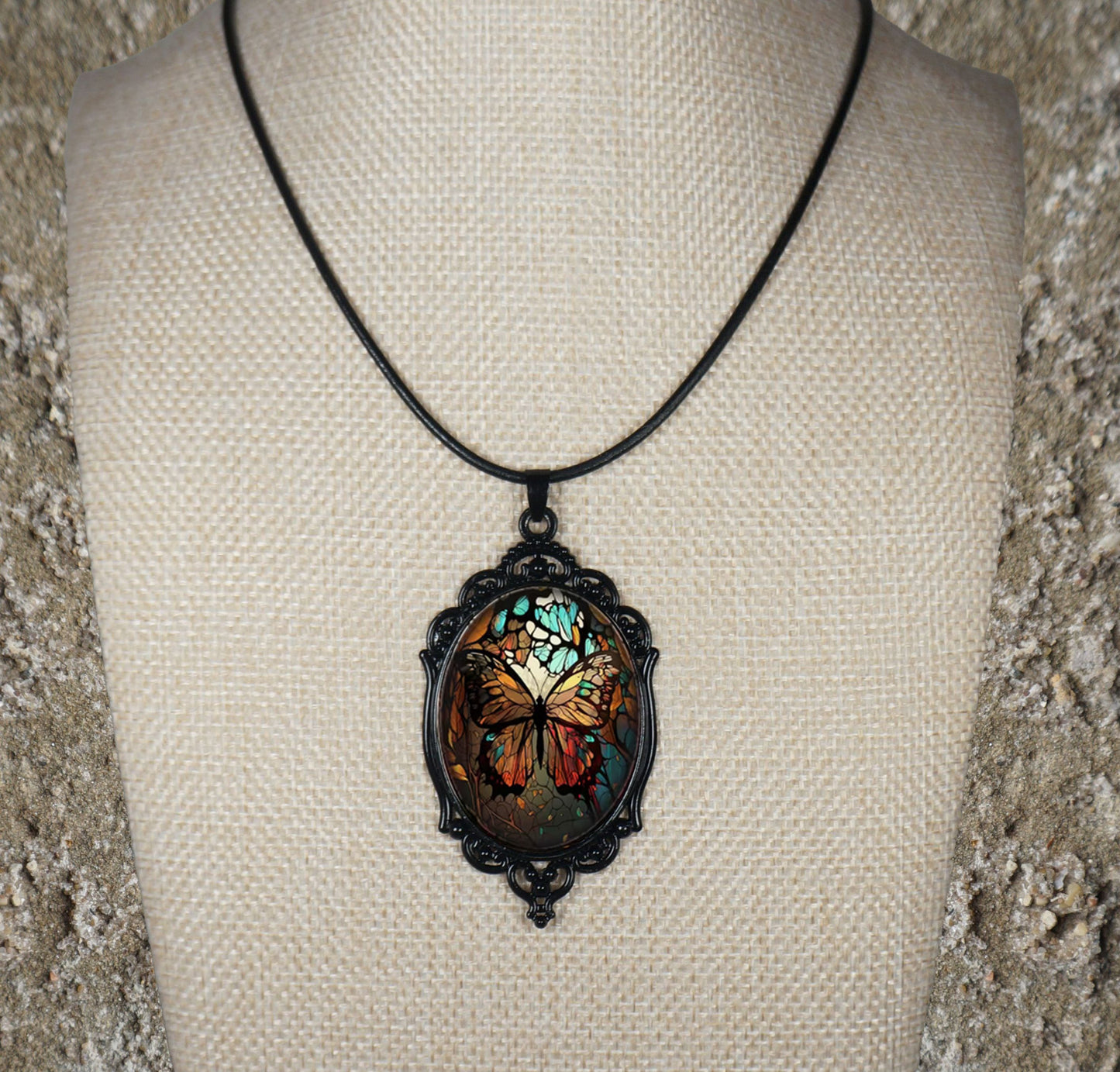 Intricate Highly Detailed Oval 2-D Butterfly Pendant Leather Cord Boho Necklace, Black or Tan Leather, Length Choicesngth Choices, Gift for Her (Copy)