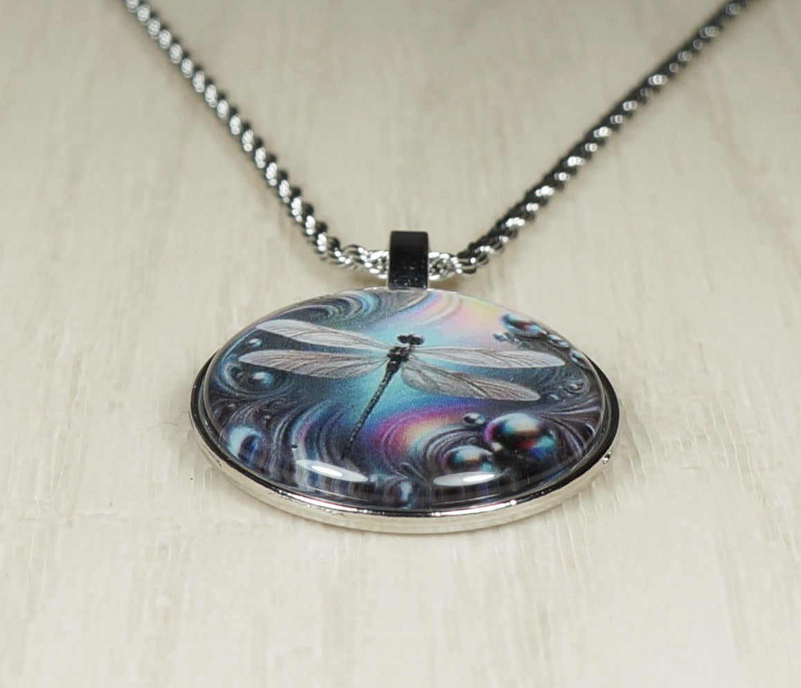 Intricate Highly Detailed Blue Rainbow Dragonfly Pendant on Stainless Steel Rope Chain, 20 Inch