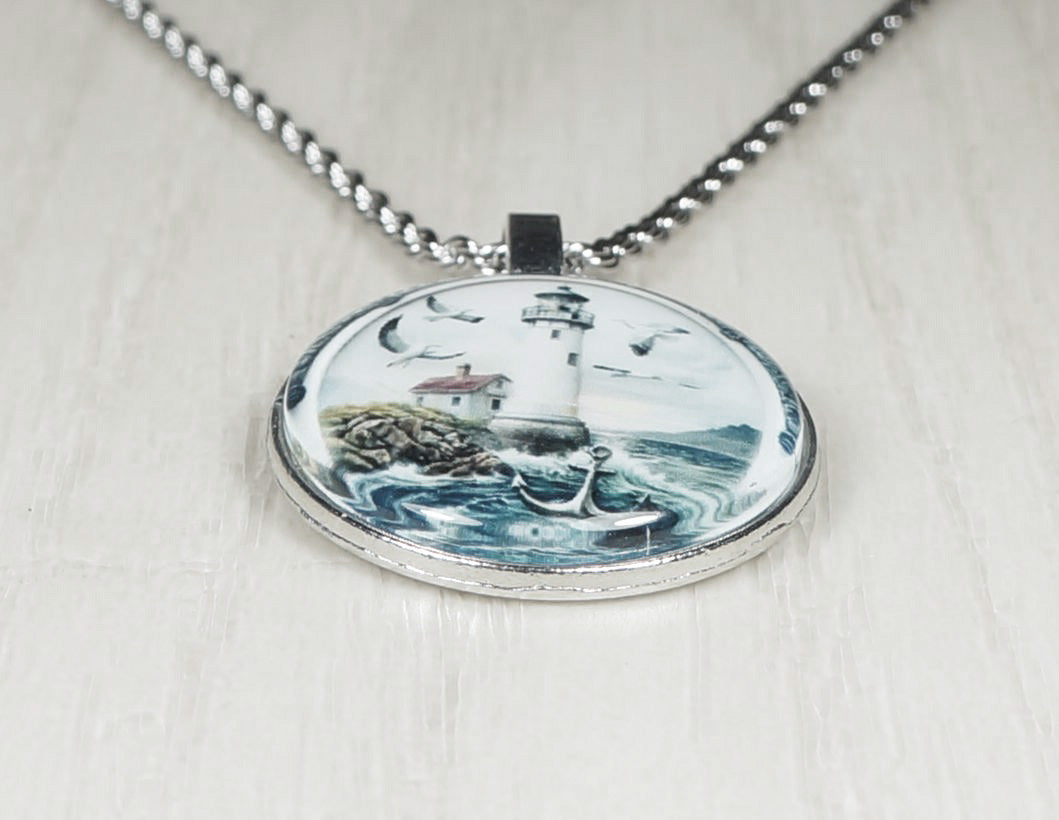 Intricate Highly Detailed Lighthouse Pendant on Stainless Steel Rope Chain, 20 Inch
