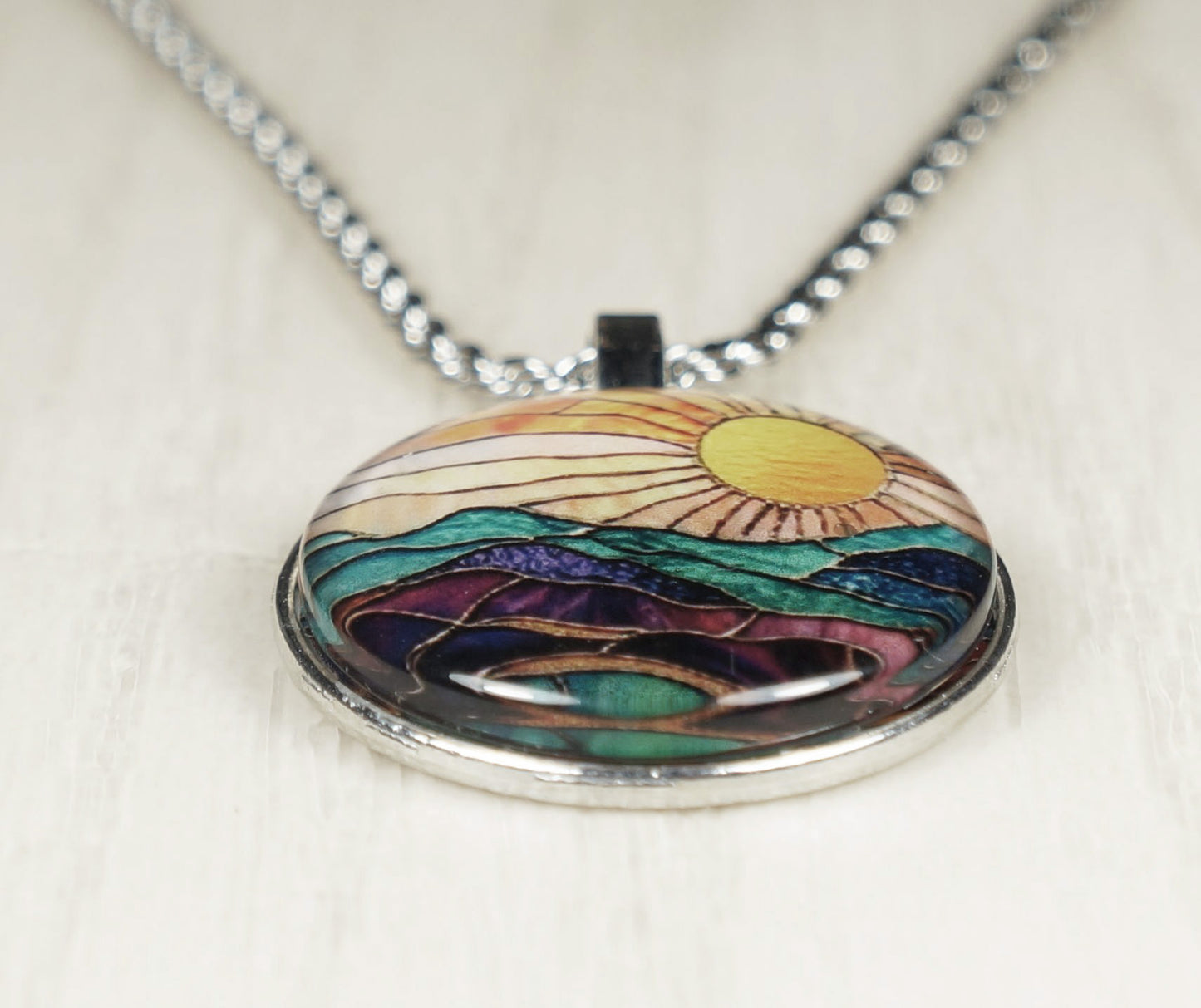 Intricate Highly Detailed Stained Glass Look Rising Setting Sun Pendant on Stainless Steel Rope Chain, 20 Inch