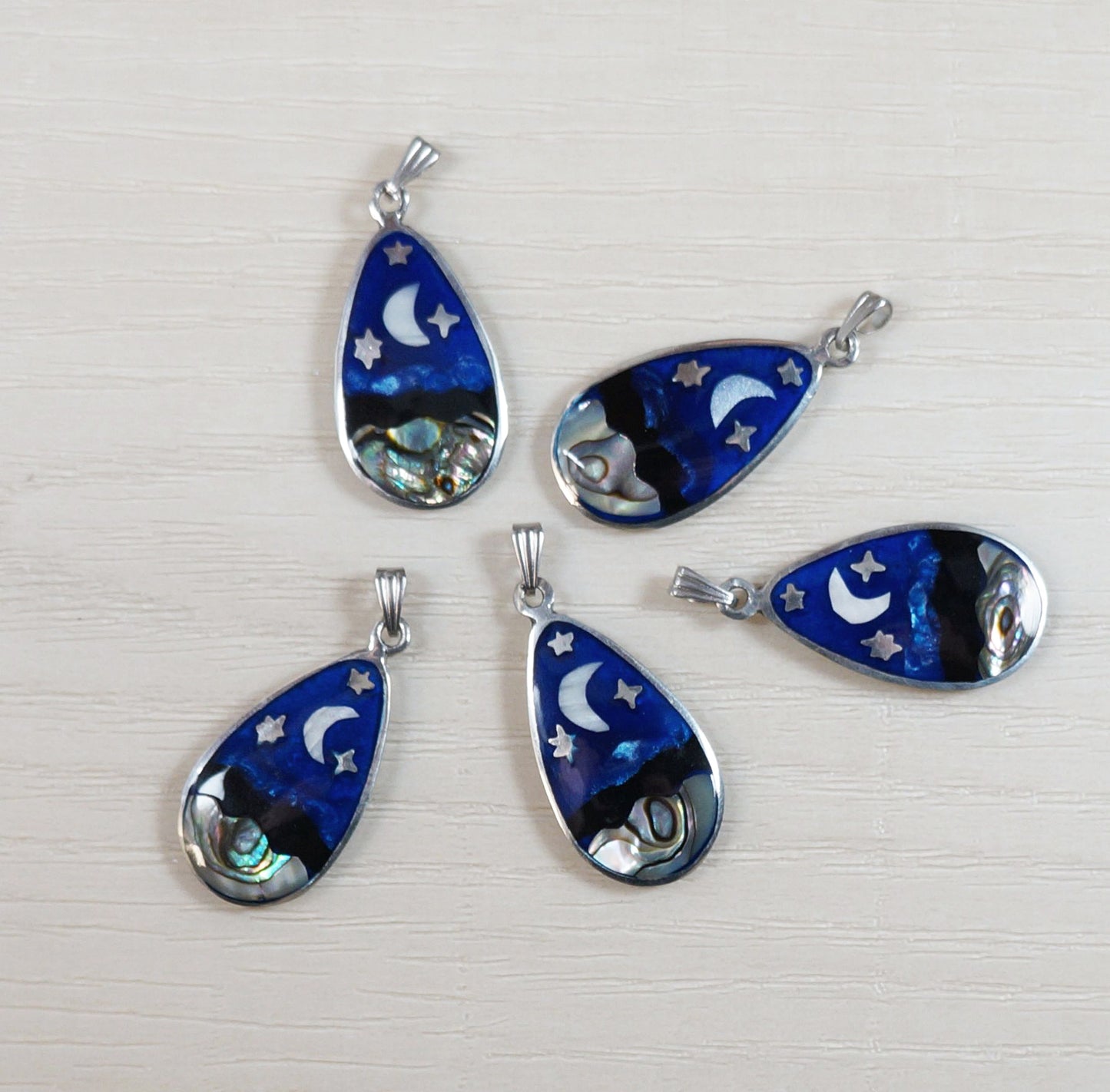 Unisex Moon and Stars Abalone Teardrop Pendant, Stainless Steel Chain Necklace, Length Choices