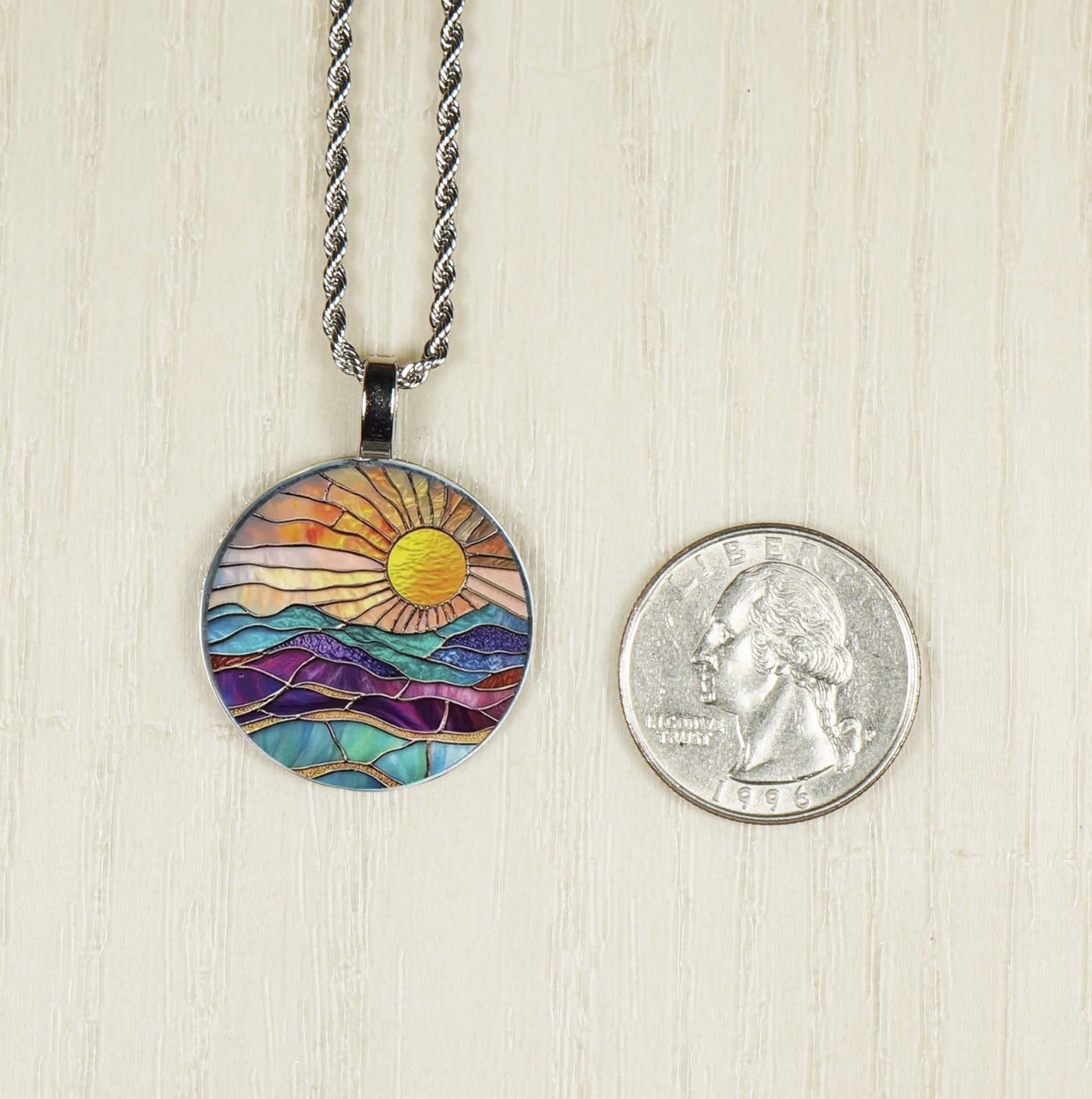 Intricate Highly Detailed Stained Glass Look Rising Setting Sun Pendant on Stainless Steel Rope Chain, 20 Inch