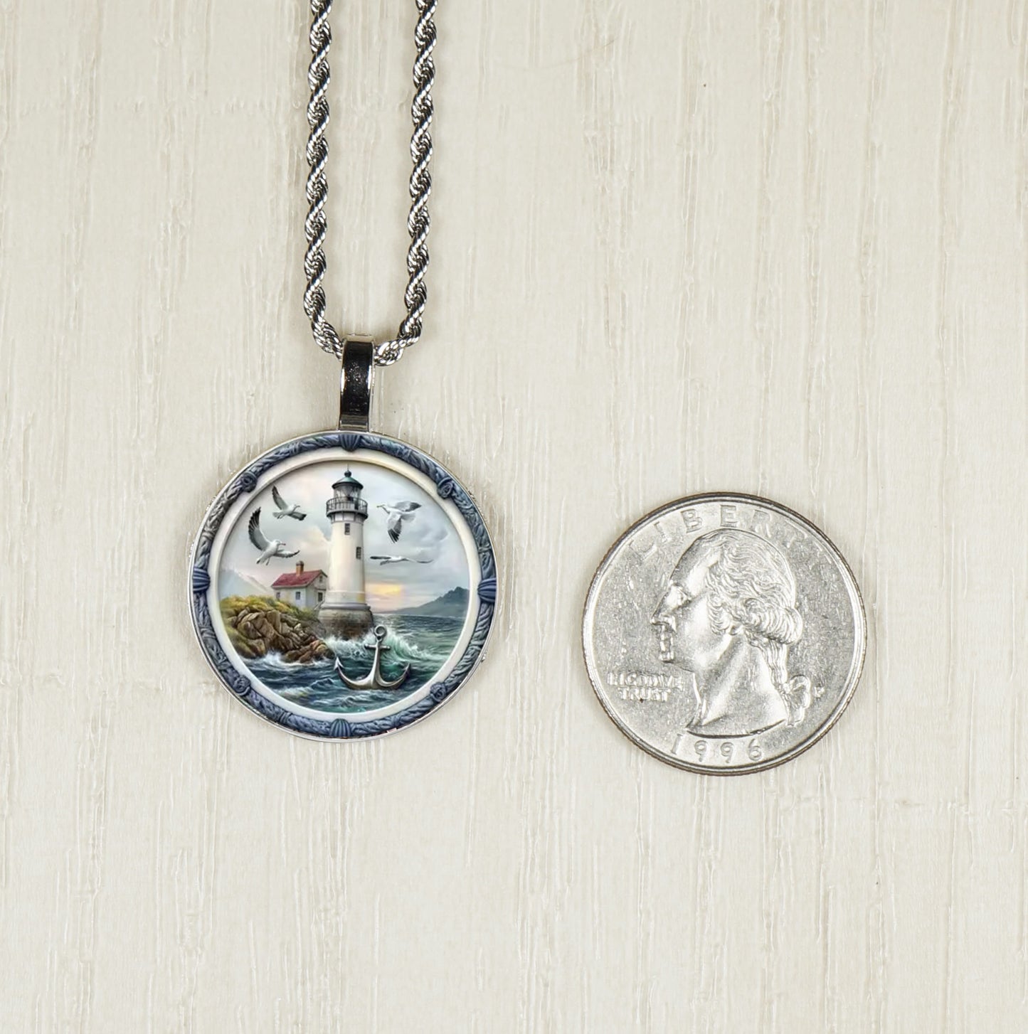 Intricate Highly Detailed Lighthouse Pendant on Stainless Steel Rope Chain, 20 Inch