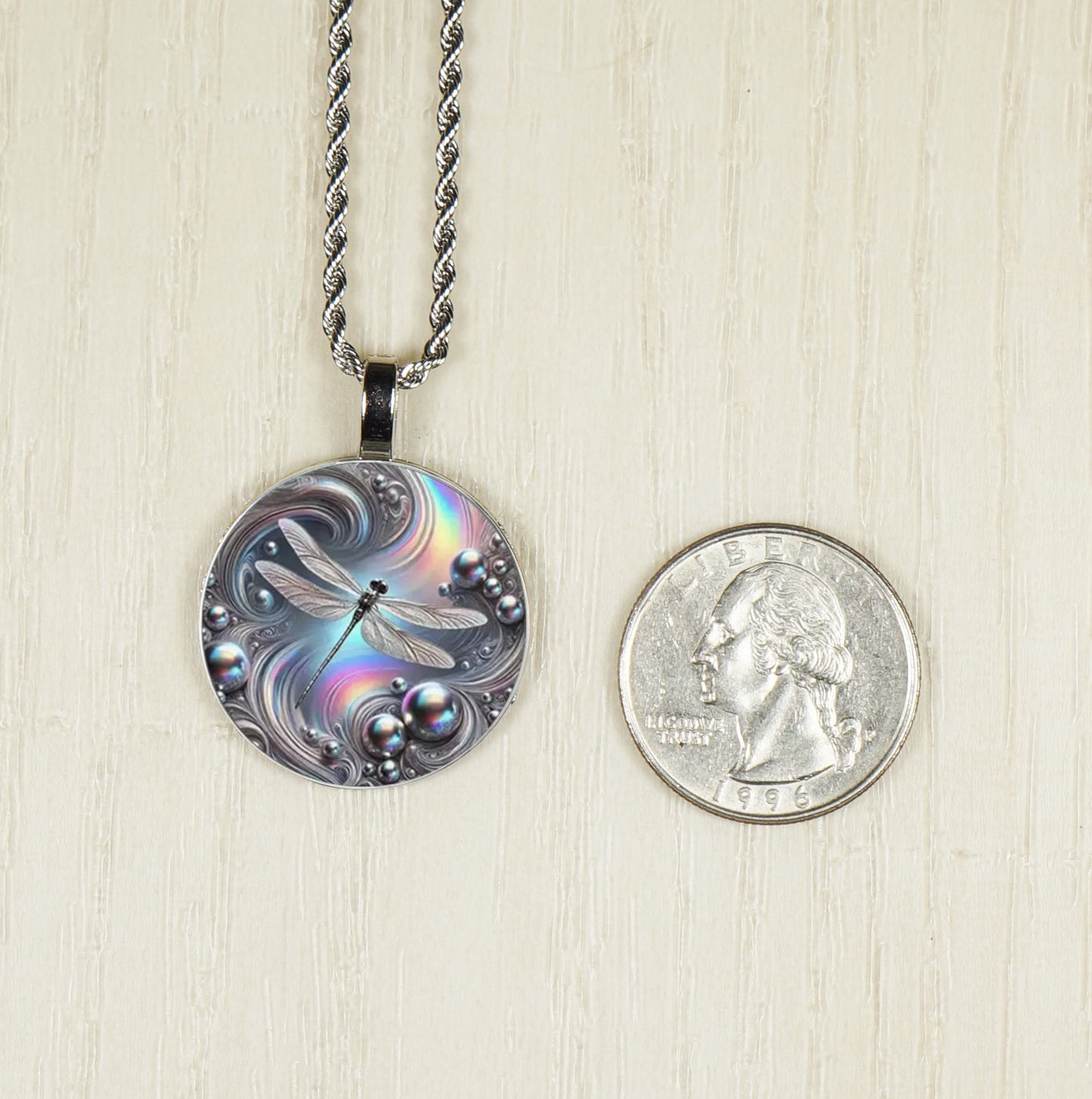 Intricate Highly Detailed Blue Rainbow Dragonfly Pendant on Stainless Steel Rope Chain, 20 Inch
