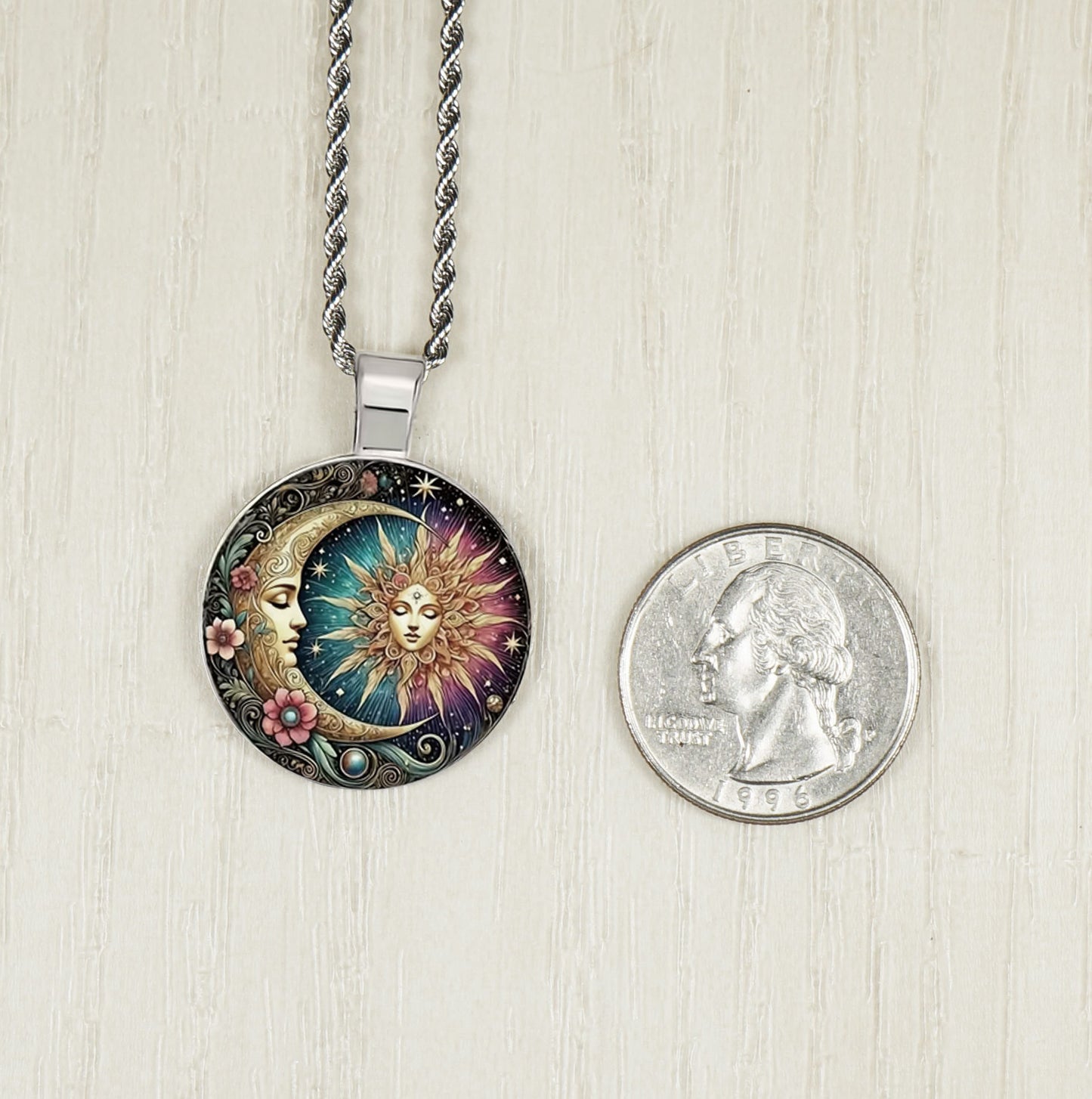 Intricate Highly Detailed Celestial Sun Pendant on Stainless Steel Rope Chain, 20 Inch, Gift for Her
