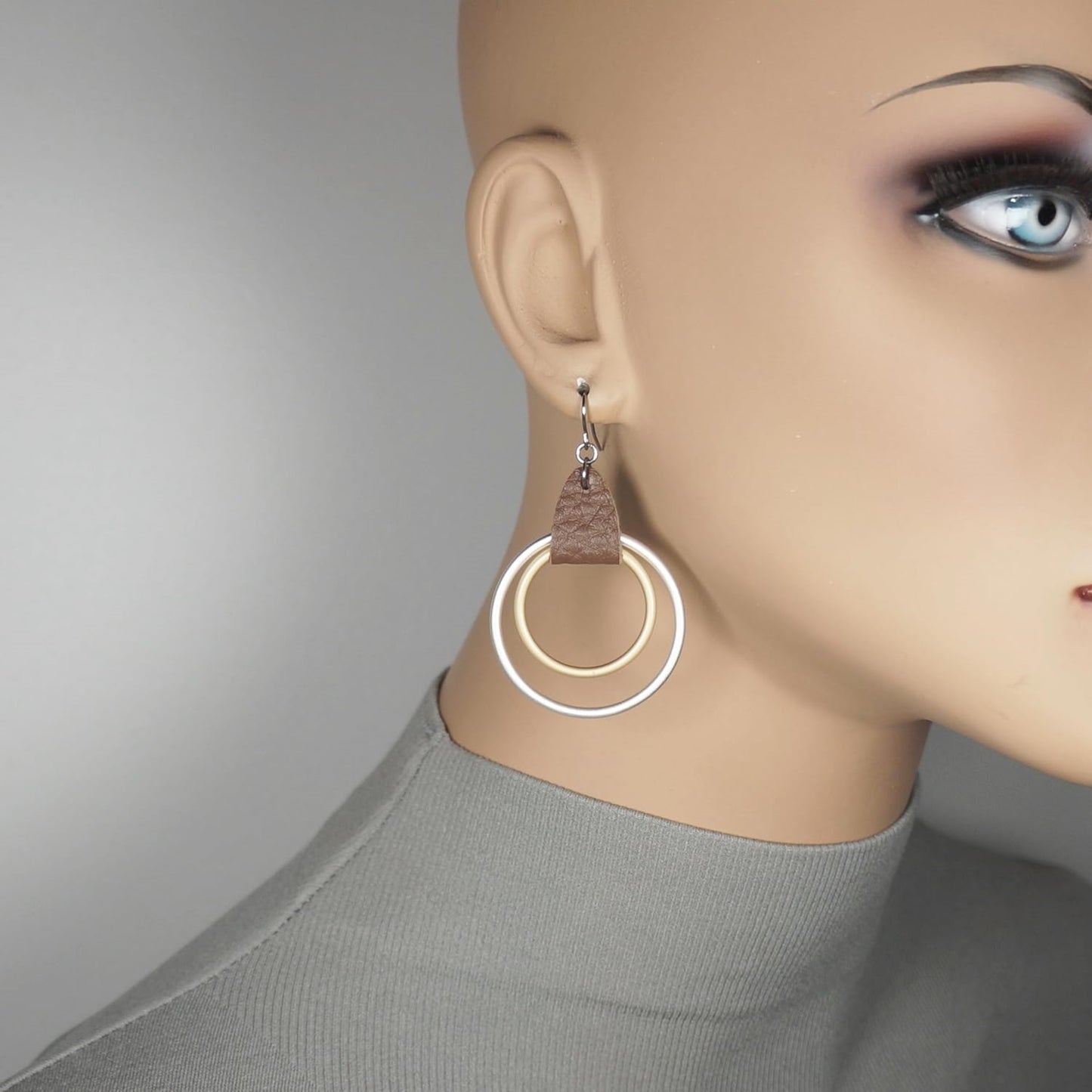 Gold and Silver Vegan Leather Western Boho Hoop Statement Earrings, Platinum Ear Wires