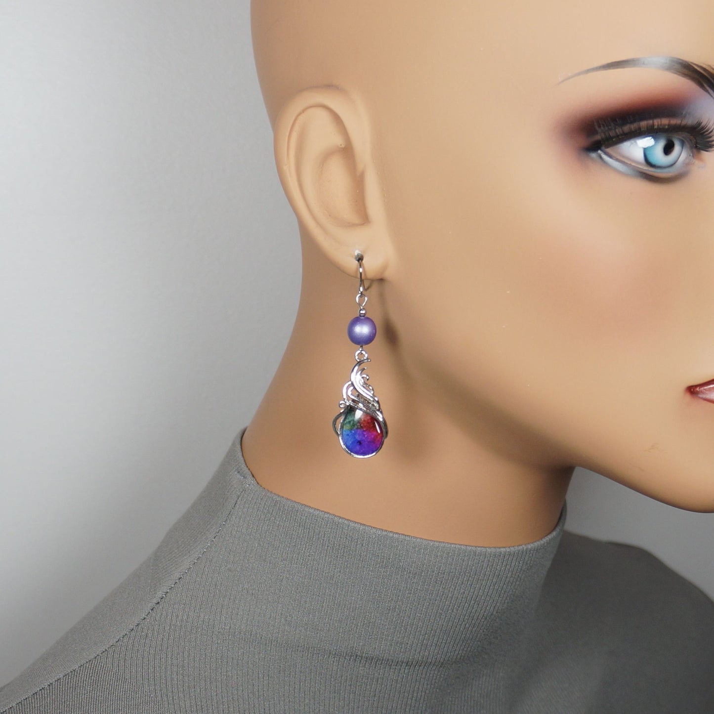 Beautiful Rainbow Purple and Silver Swirl Teardrop Earrings, Platinum Ear Wires