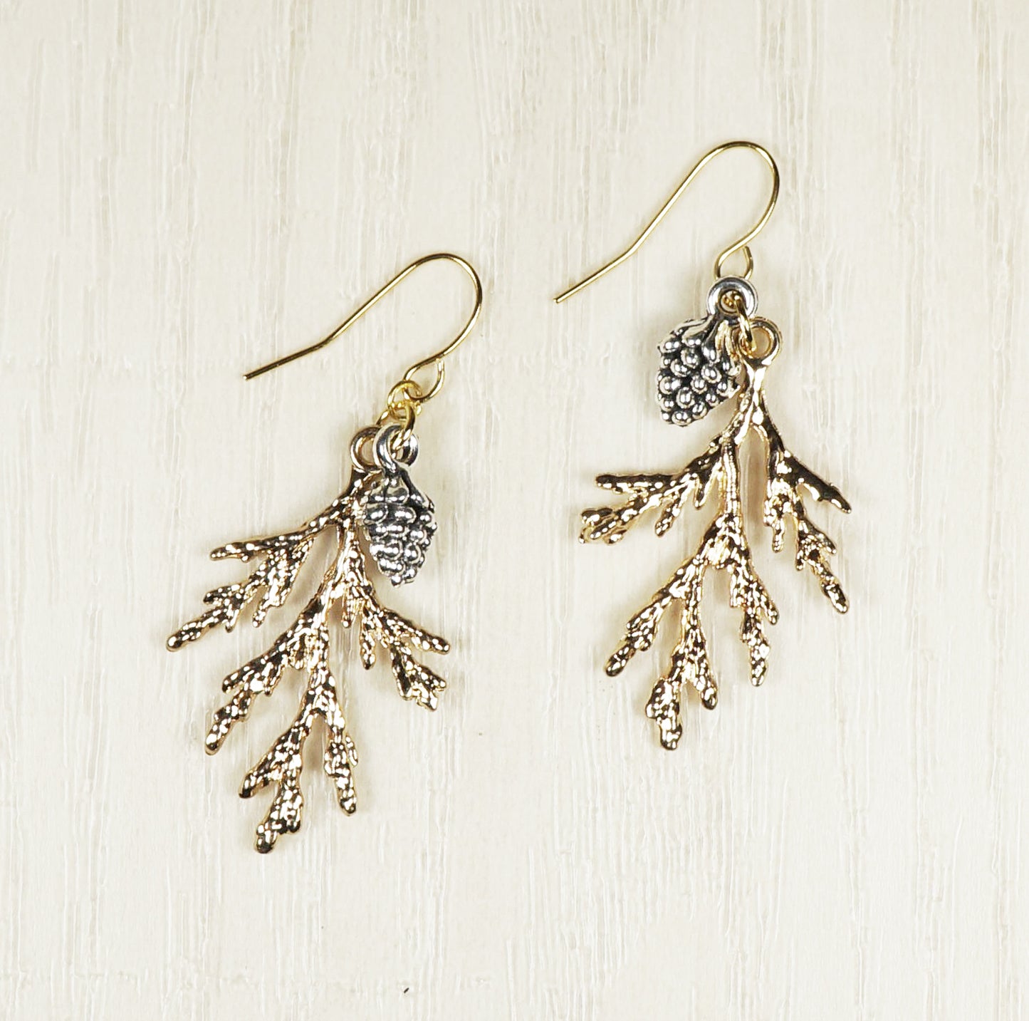 Silver Pinecone and Gold Cedar Branch Earrings, Hypoallergenic 18K Gold Ear Wires, Gift for Her