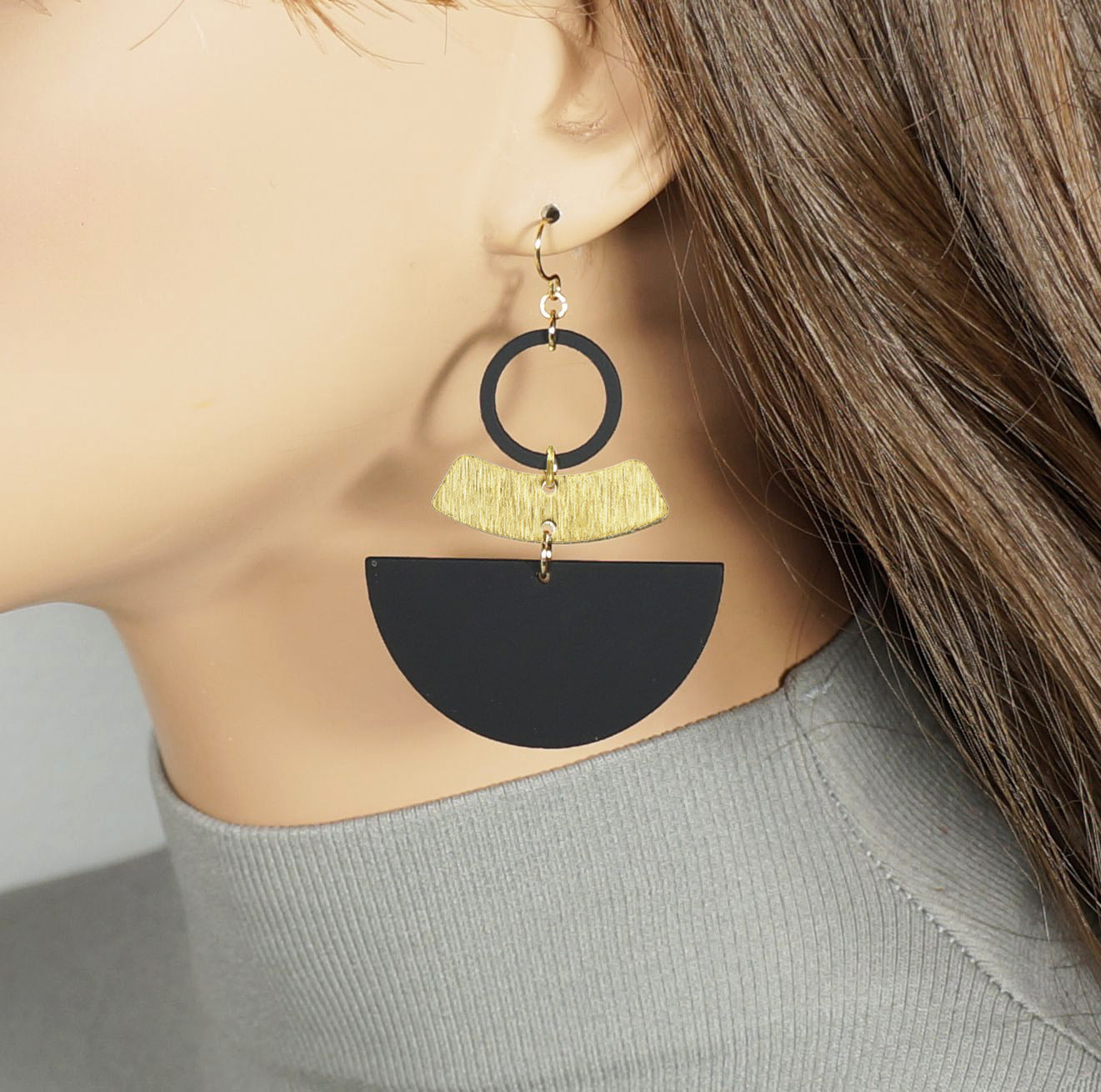 Black and Gold Geometric Statement Earrings, Hypoallergenic 18K Gold Ear Wires, Modern Gift for Her