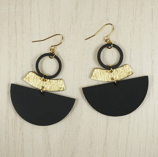 Black and Gold Geometric Statement Earrings, Hypoallergenic 18K Gold Ear Wires, Modern Gift for Her