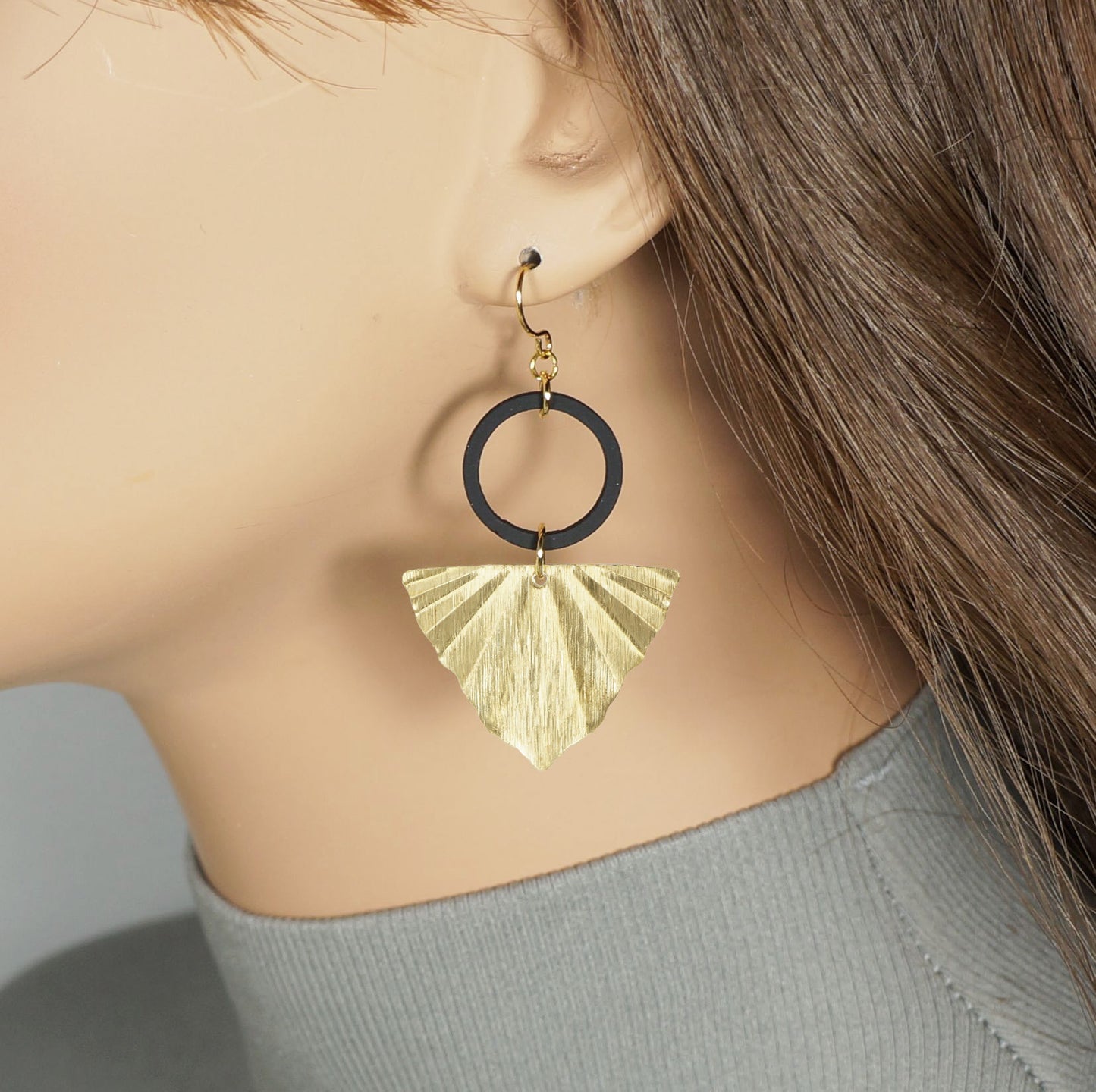 Brushed Gold & Black Geometric Earrings, Hypoallergenic 18K Gold Ear Wires, Modern Gift for Her