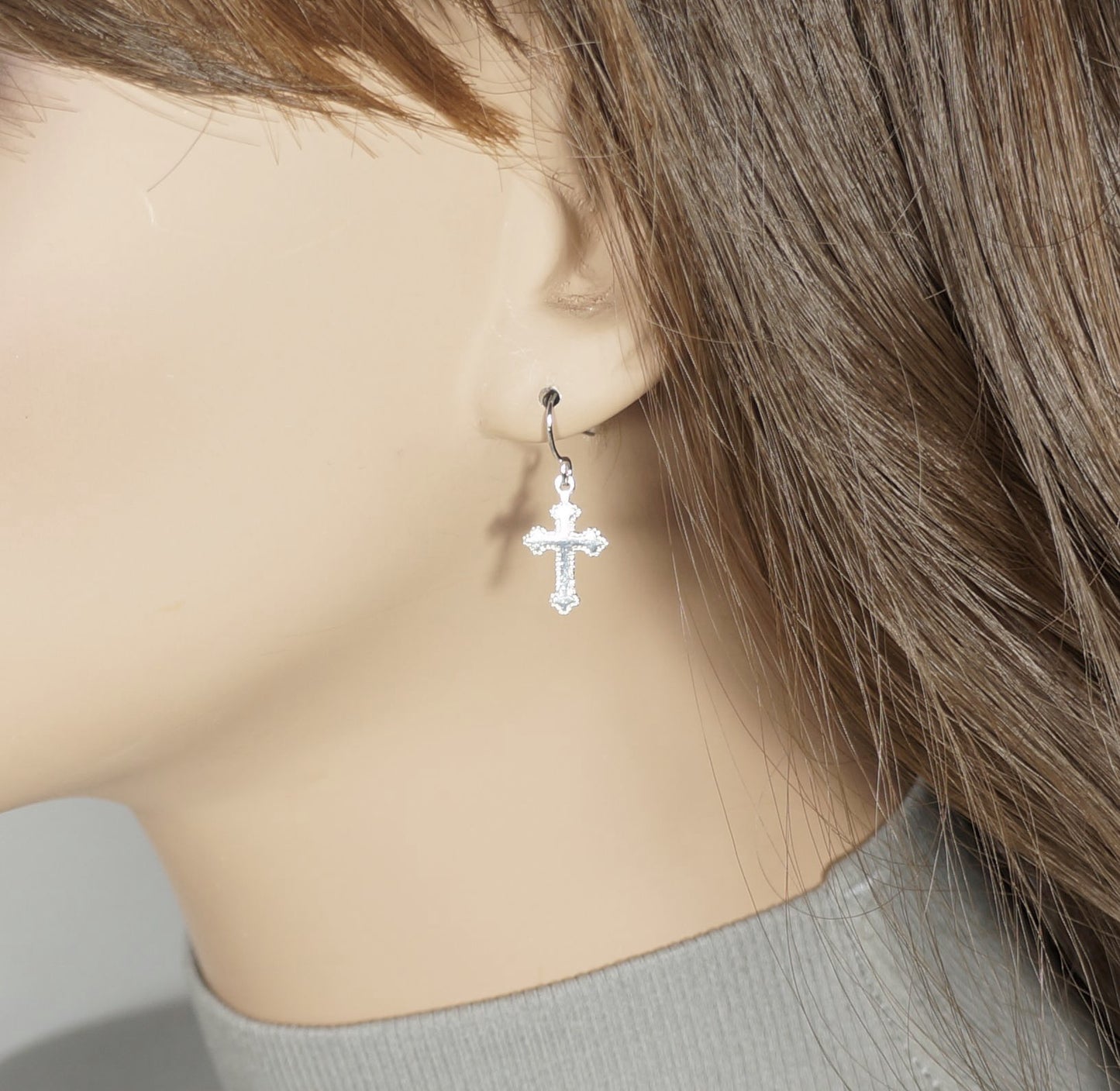 Small and Dainty .925 Sterling Silver Cross Earrings, Platinum Ear Wires
