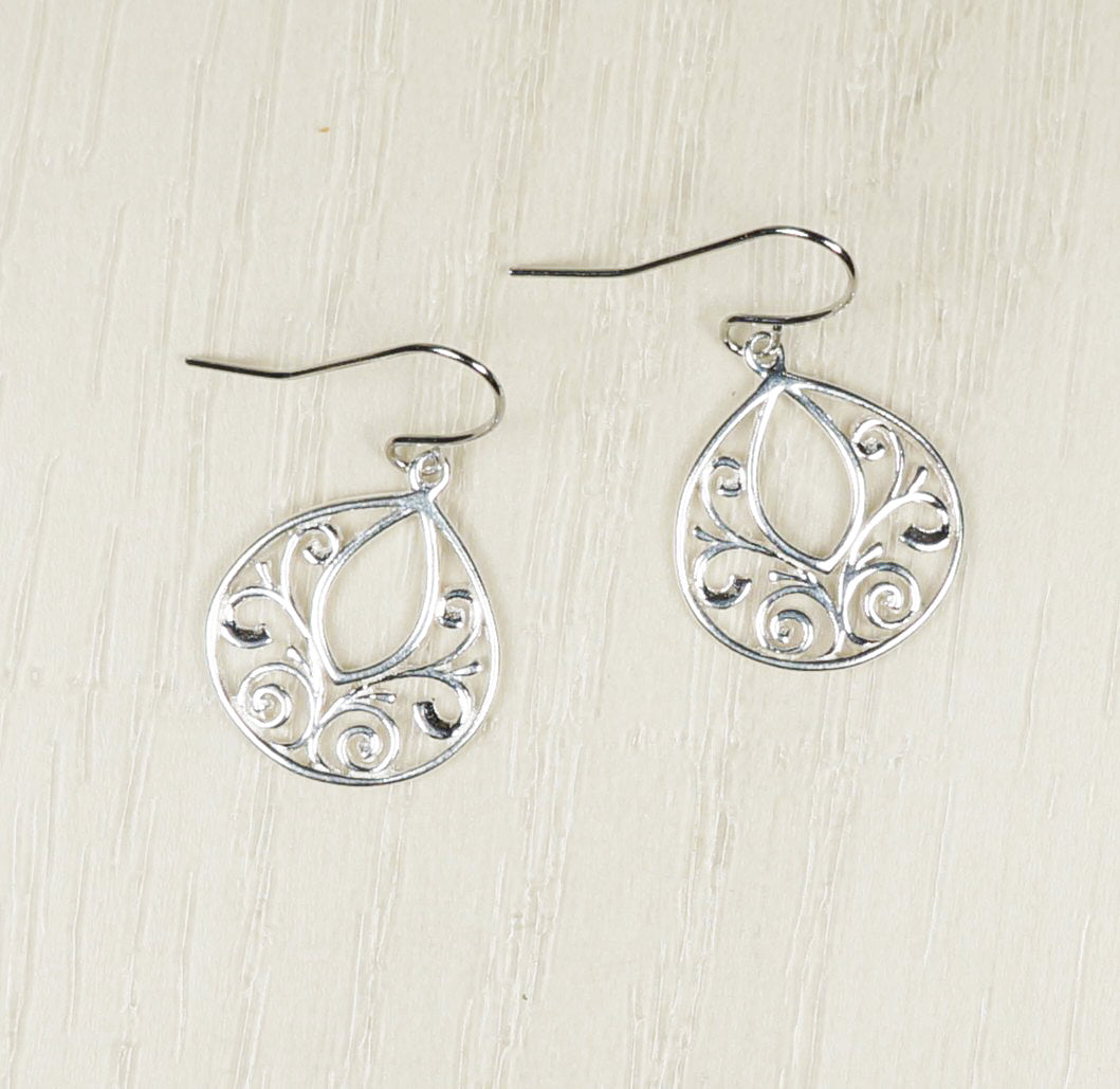 Pretty Everyday .925 Sterling Silver Intricate Filigree Teardrop Lightweight Minimalist Dangle Earrings, Platinum Ear Wires