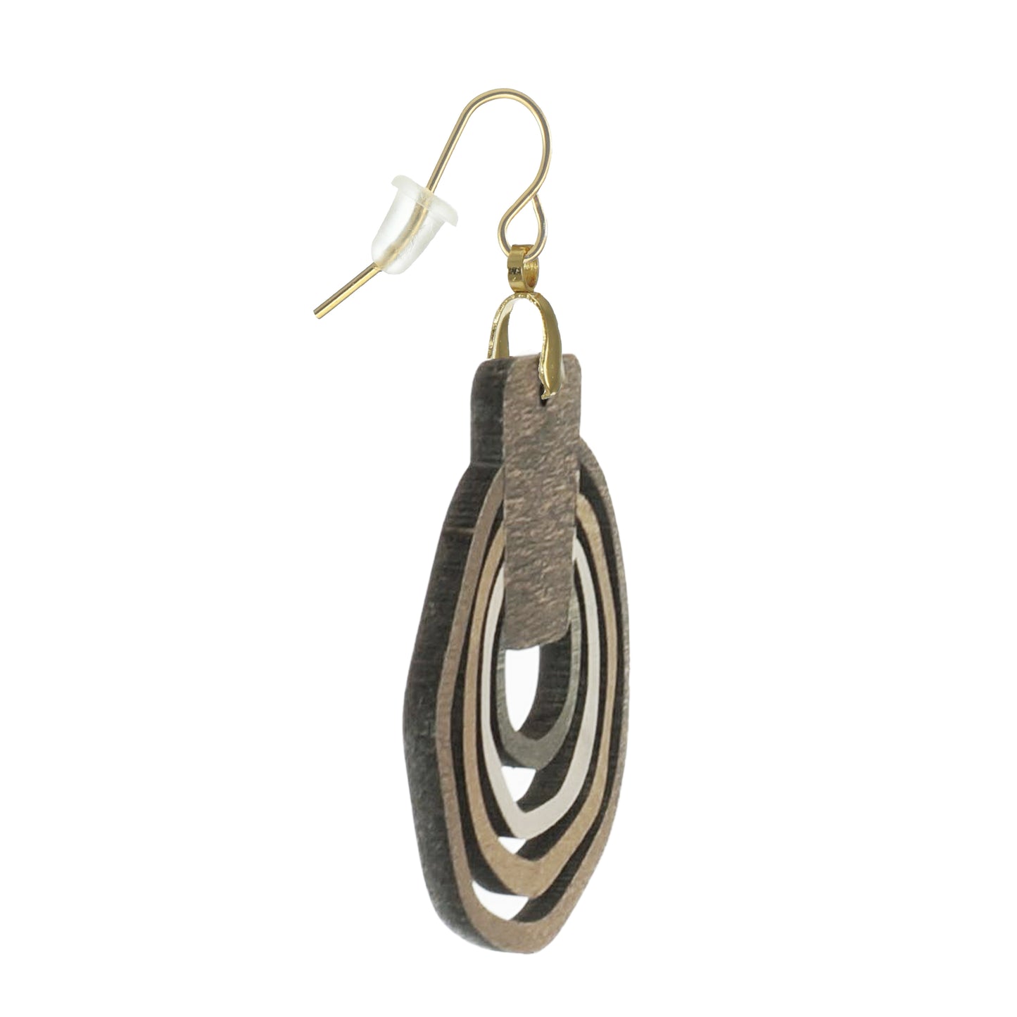 Beautiful Rustic Boho Brown Abstract Hoop Wood and Brushed Gold Statement Dangle Earrings, 18K Gold Ear Wires, Gift for Her