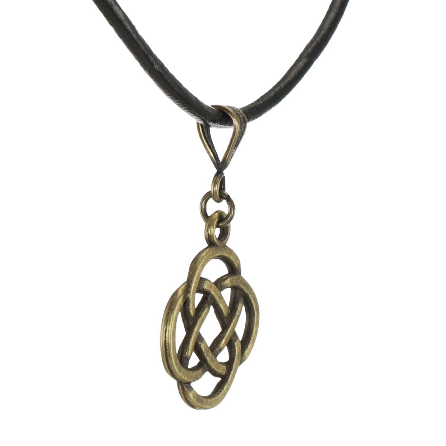 Antique Gold Unisex Minimalist Celtic Knot Pendant, Black Leather Cord, Length Choices, Gift for Him or Her