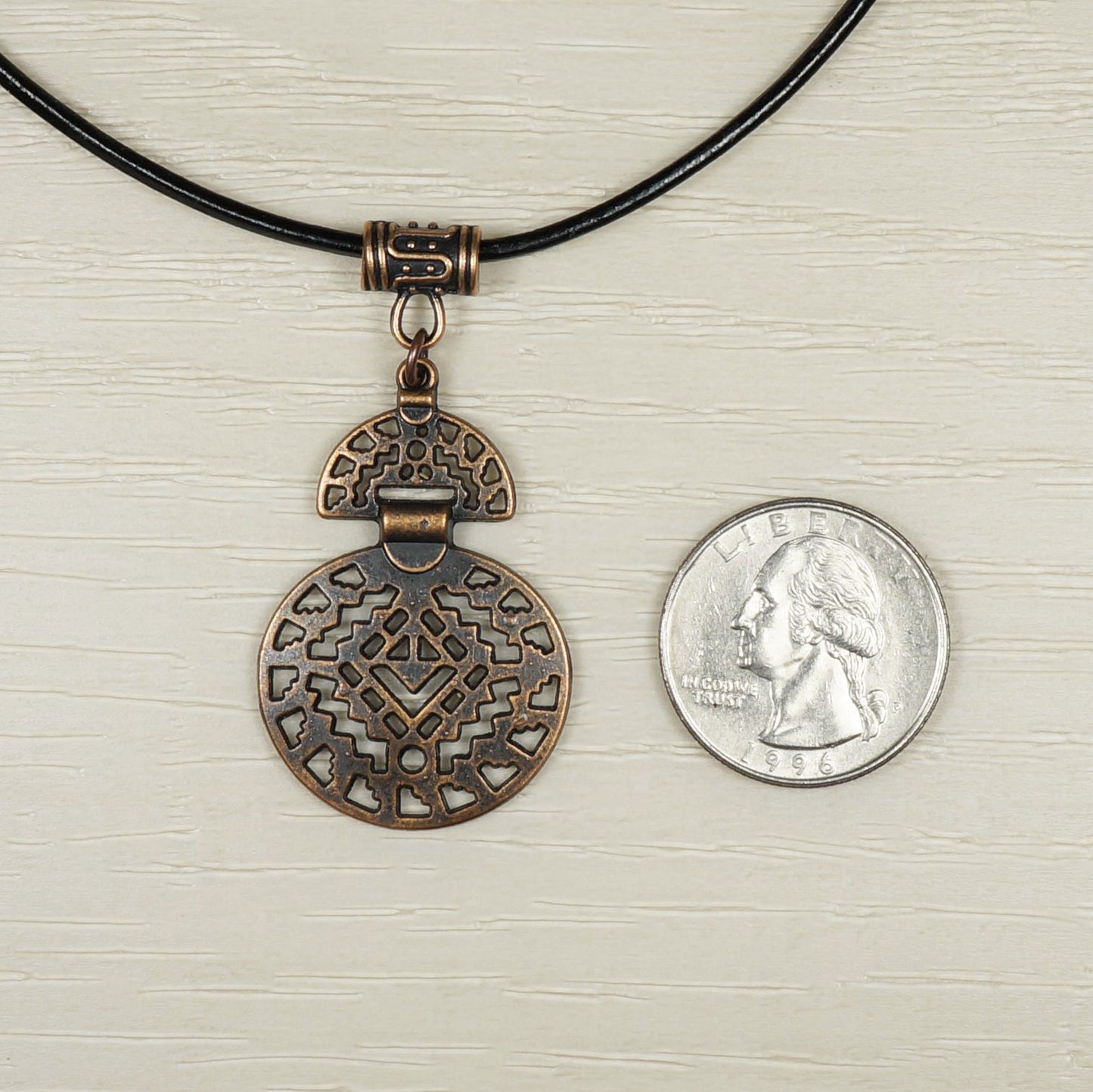 Unisex Abstract Copper Aztec Inspired Boho Pendant, Black Leather Cord Necklace, Length Choices, Gift for Him or Her