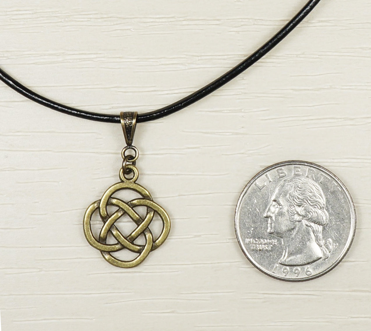 Antique Gold Unisex Minimalist Celtic Knot Pendant, Black Leather Cord, Length Choices, Gift for Him or Her