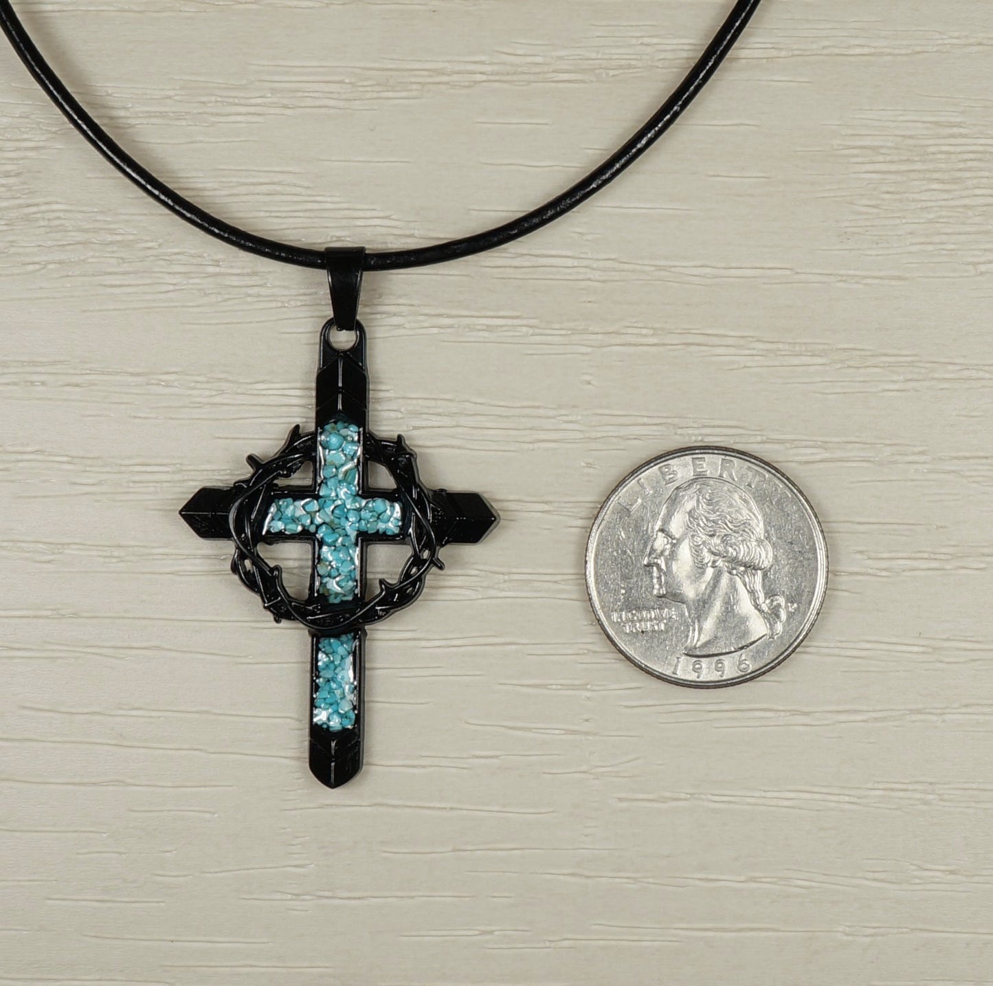 Black Cross & Crown of Thorns Pendant with Turquoise Inlay, Black Leather Cord Necklace, Faith Gift for Him or Her