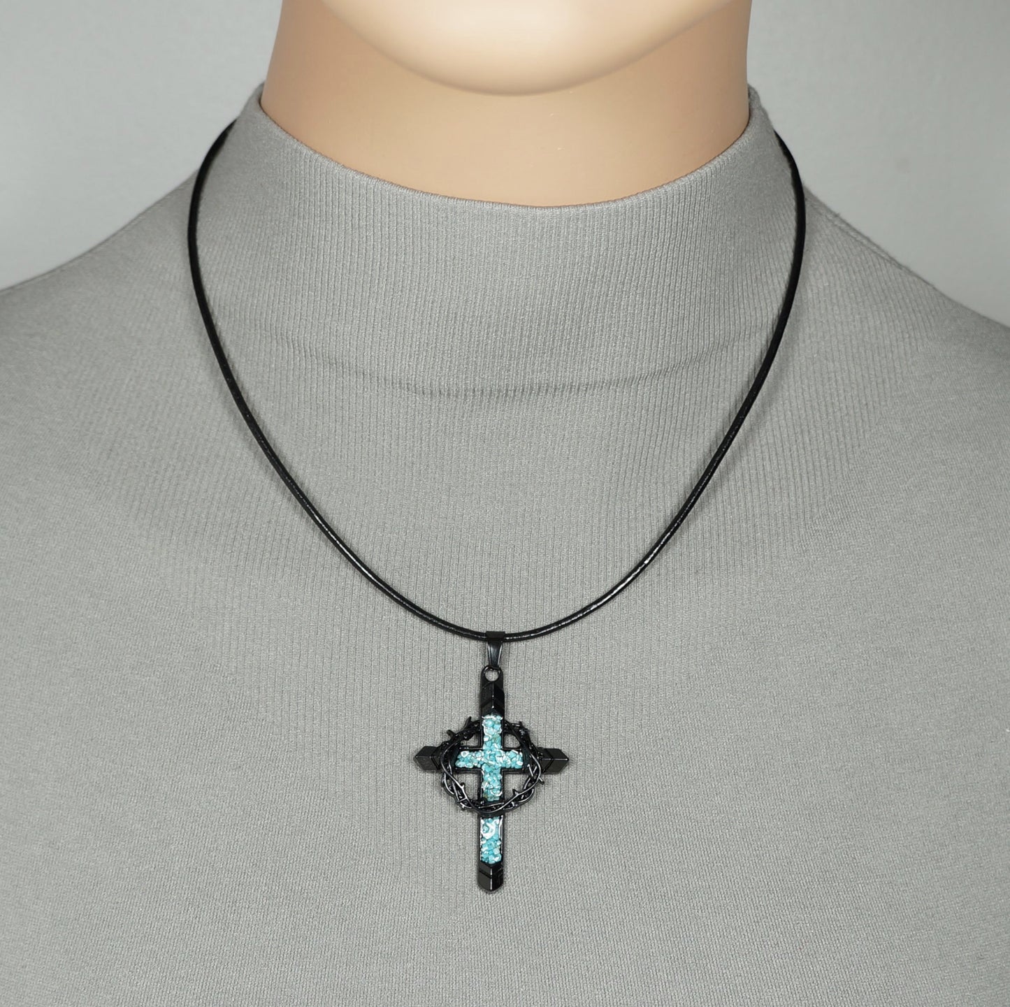 Black Cross & Crown of Thorns Pendant with Turquoise Inlay, Black Leather Cord Necklace, Faith Gift for Him or Her