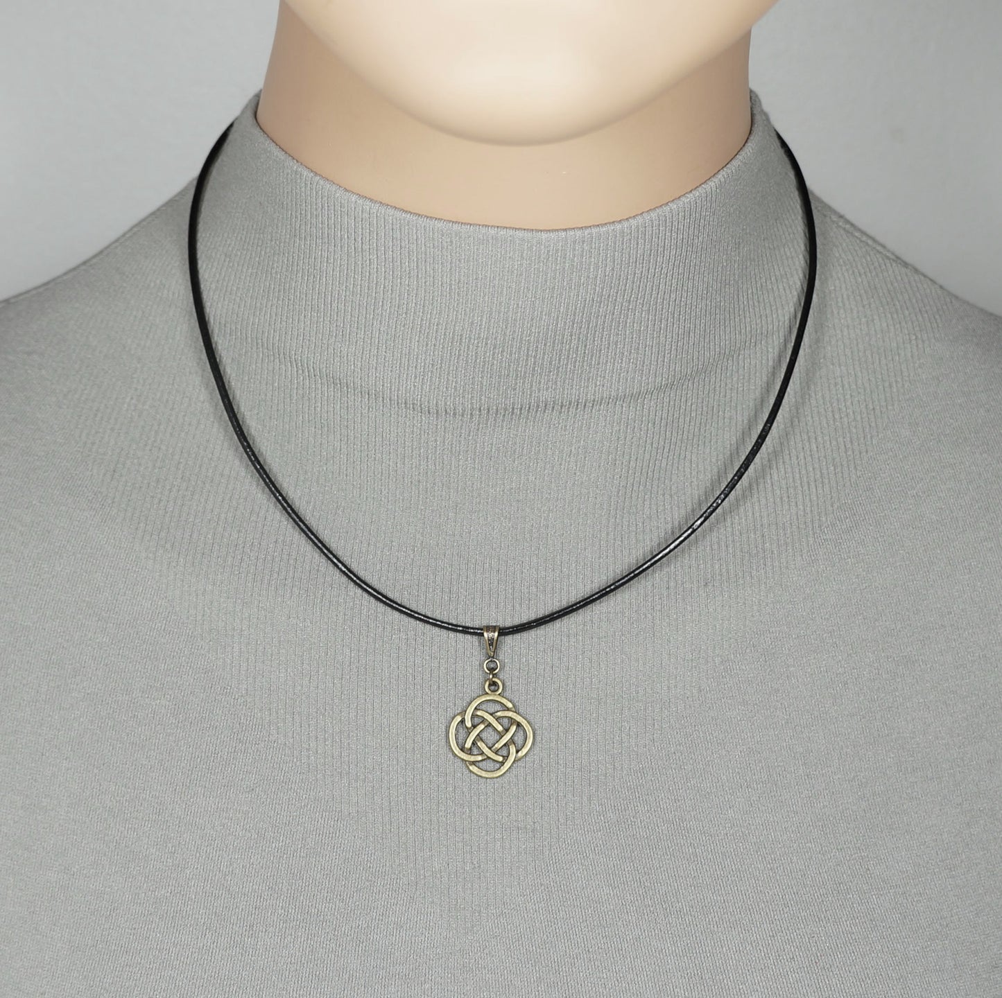 Antique Gold Unisex Minimalist Celtic Knot Pendant, Black Leather Cord, Length Choices, Gift for Him or Her