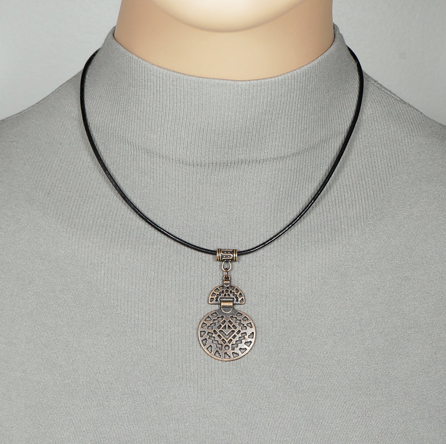 Unisex Abstract Copper Aztec Inspired Boho Pendant, Black Leather Cord Necklace, Length Choices, Gift for Him or Her