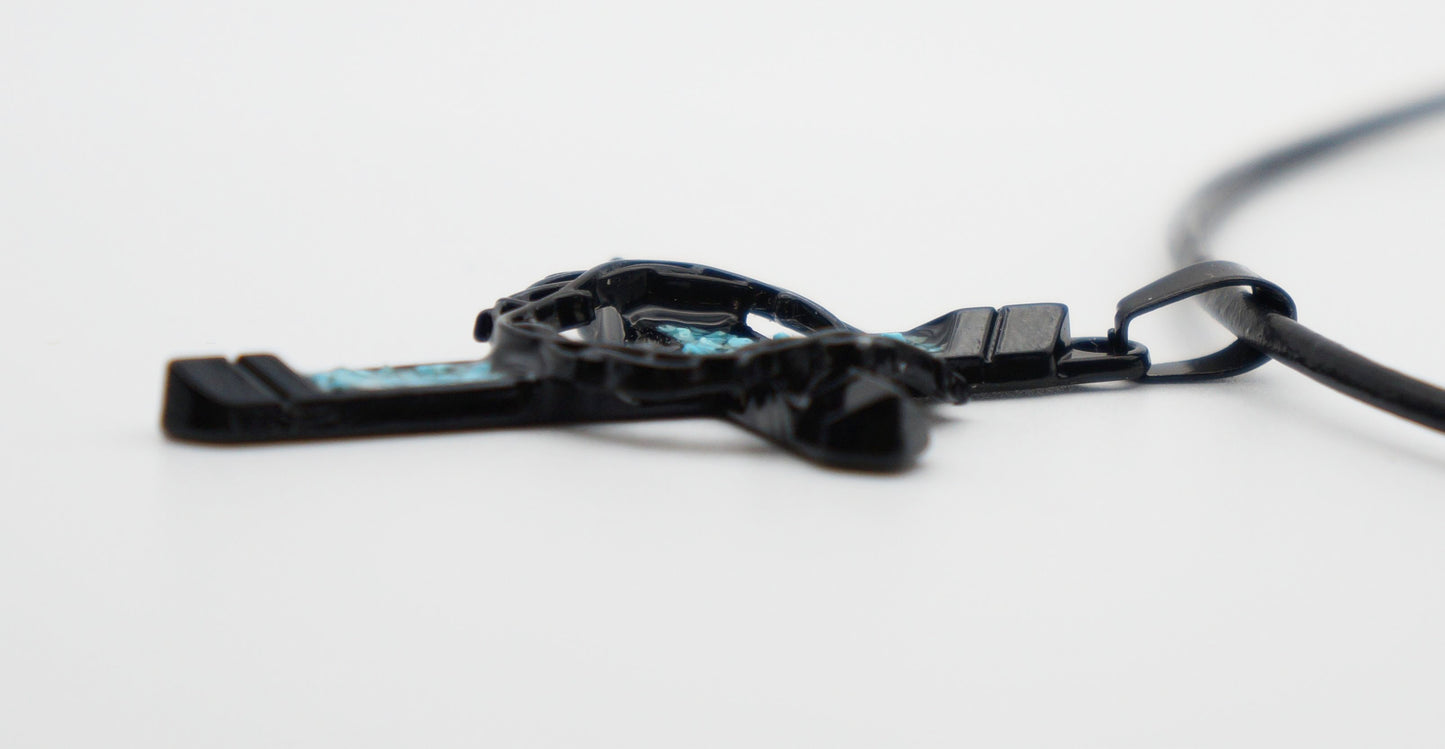 Black Cross & Crown of Thorns Pendant with Turquoise Inlay, Black Leather Cord Necklace, Faith Gift for Him or Her