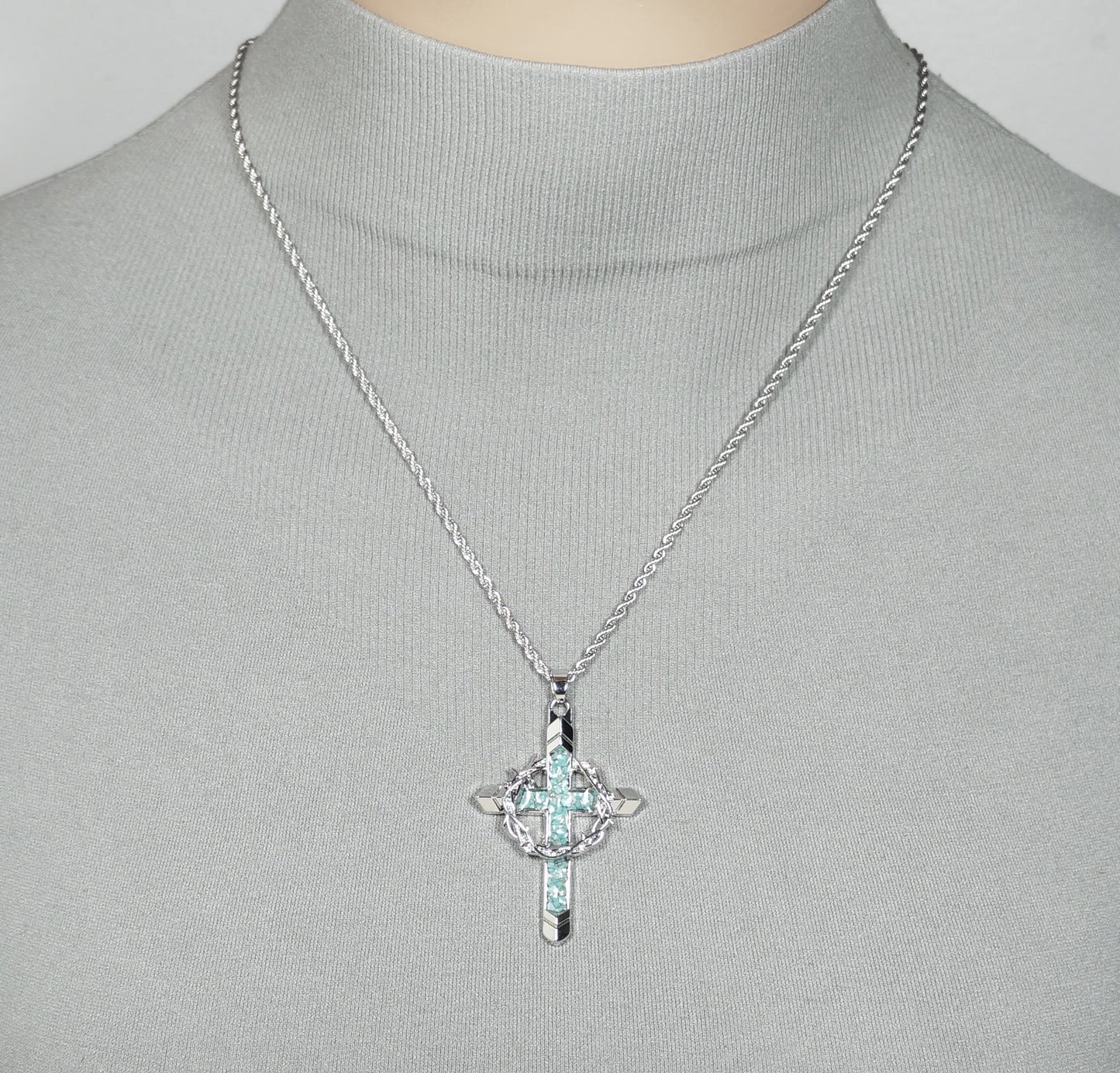 Silver Cross & Crown of Thorns Pendant with Turquoise Inlay, 20 Inch Stainless Steel Rope Chain Necklace, Faith Gift for Him or Her