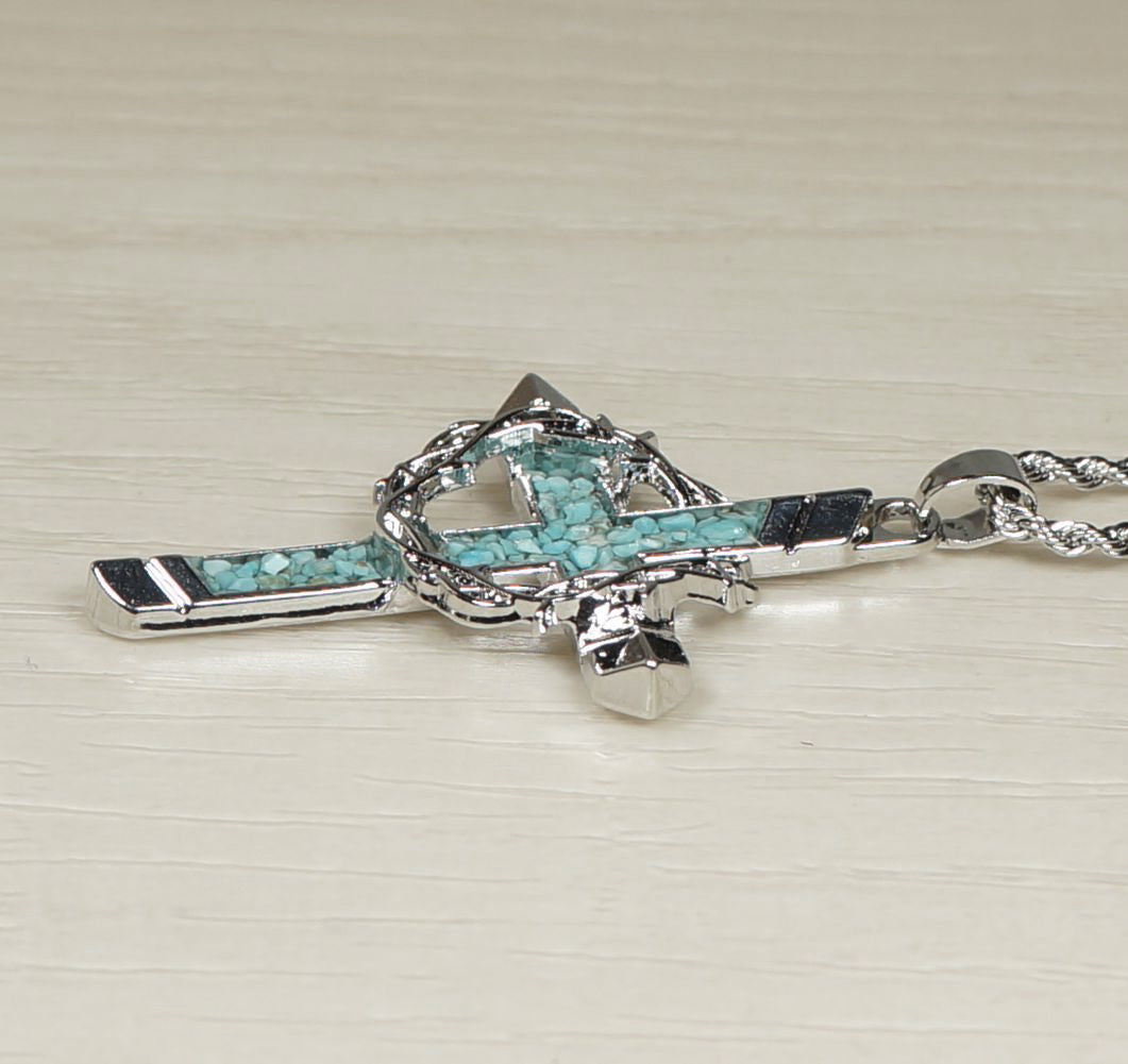 Silver Cross & Crown of Thorns Pendant with Turquoise Inlay, 20 Inch Stainless Steel Rope Chain Necklace, Faith Gift for Him or Her