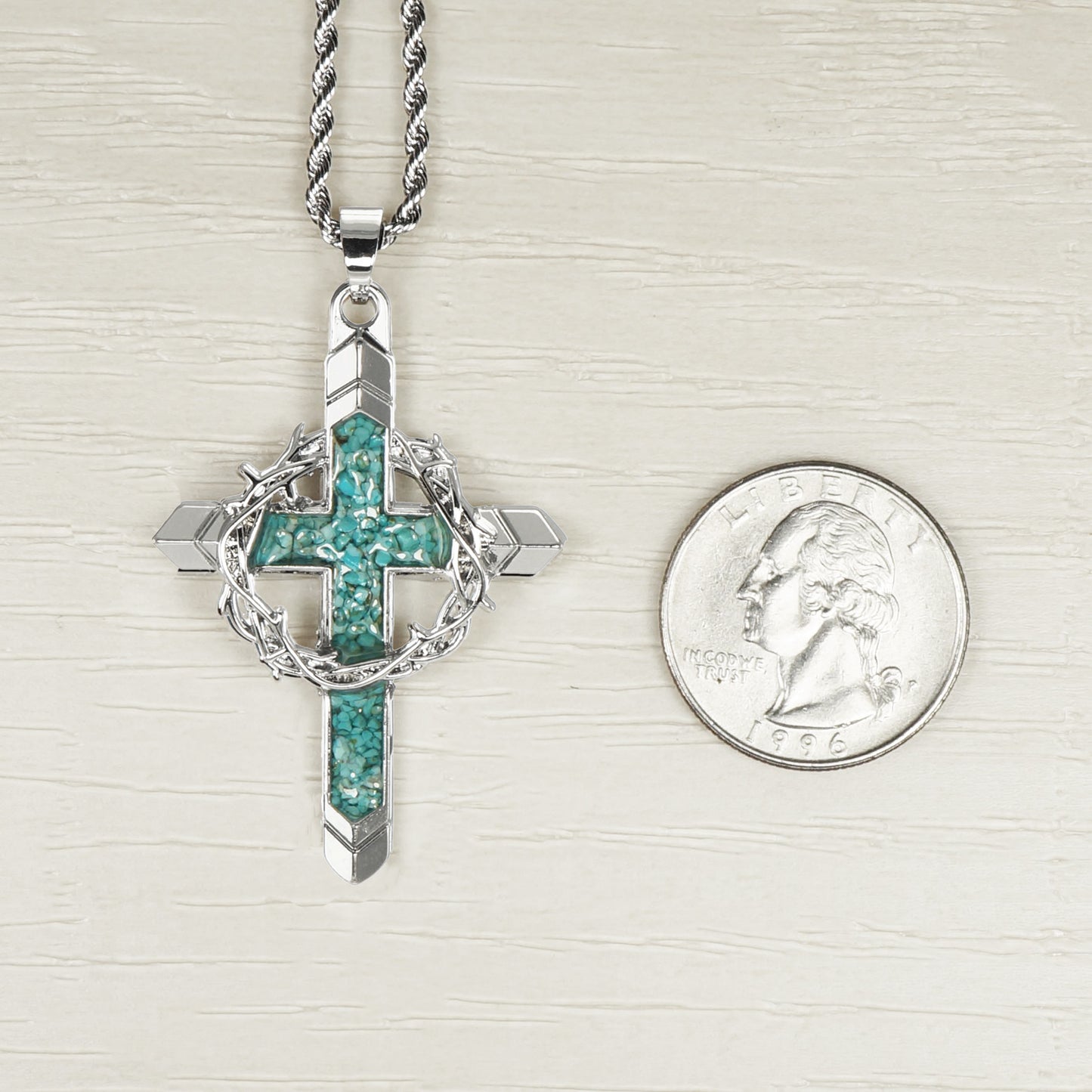 Silver Cross & Crown of Thorns Pendant with Turquoise Inlay, 20 Inch Stainless Steel Rope Chain Necklace, Faith Gift for Him or Her