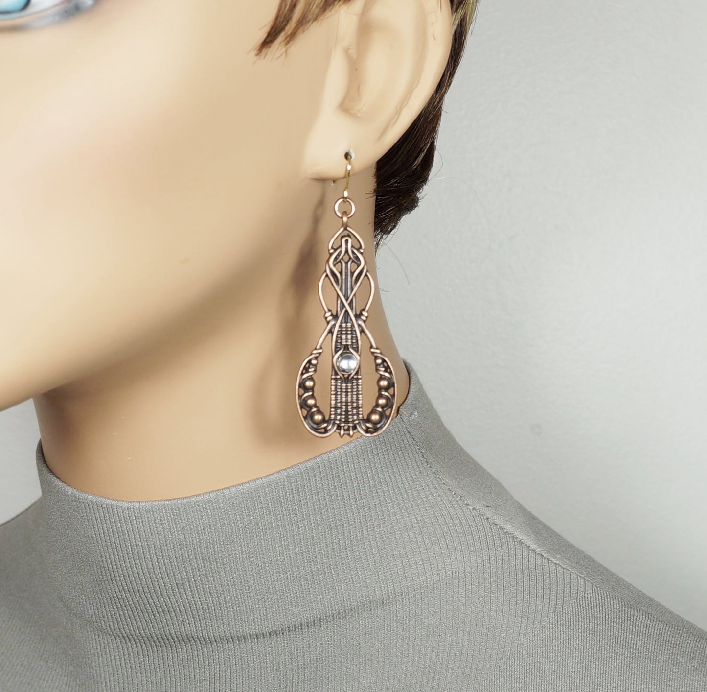 Beautiful Long Abstract Copper and Moonstone Boho Statement Dangle Earrings, 18K Gold Ear Wires