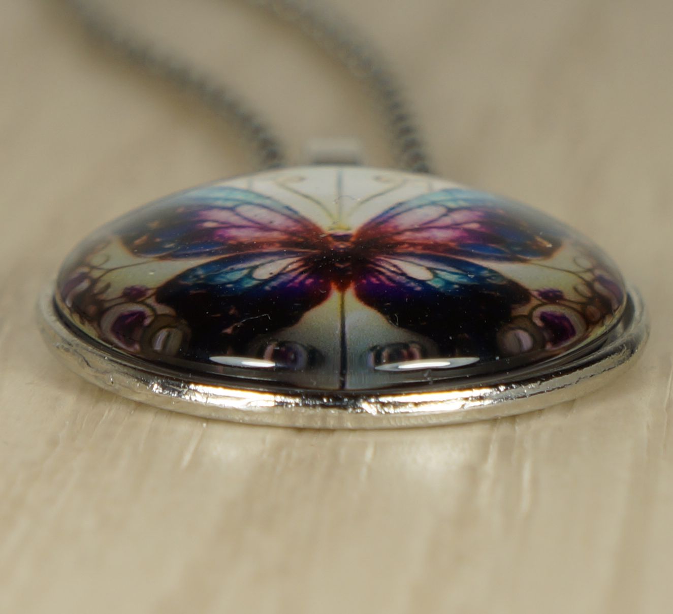 Intricate Highly Detailed Colorful Small Butterfly Printed Pendant, Stainless Steel Rope Necklace, Gift for Her