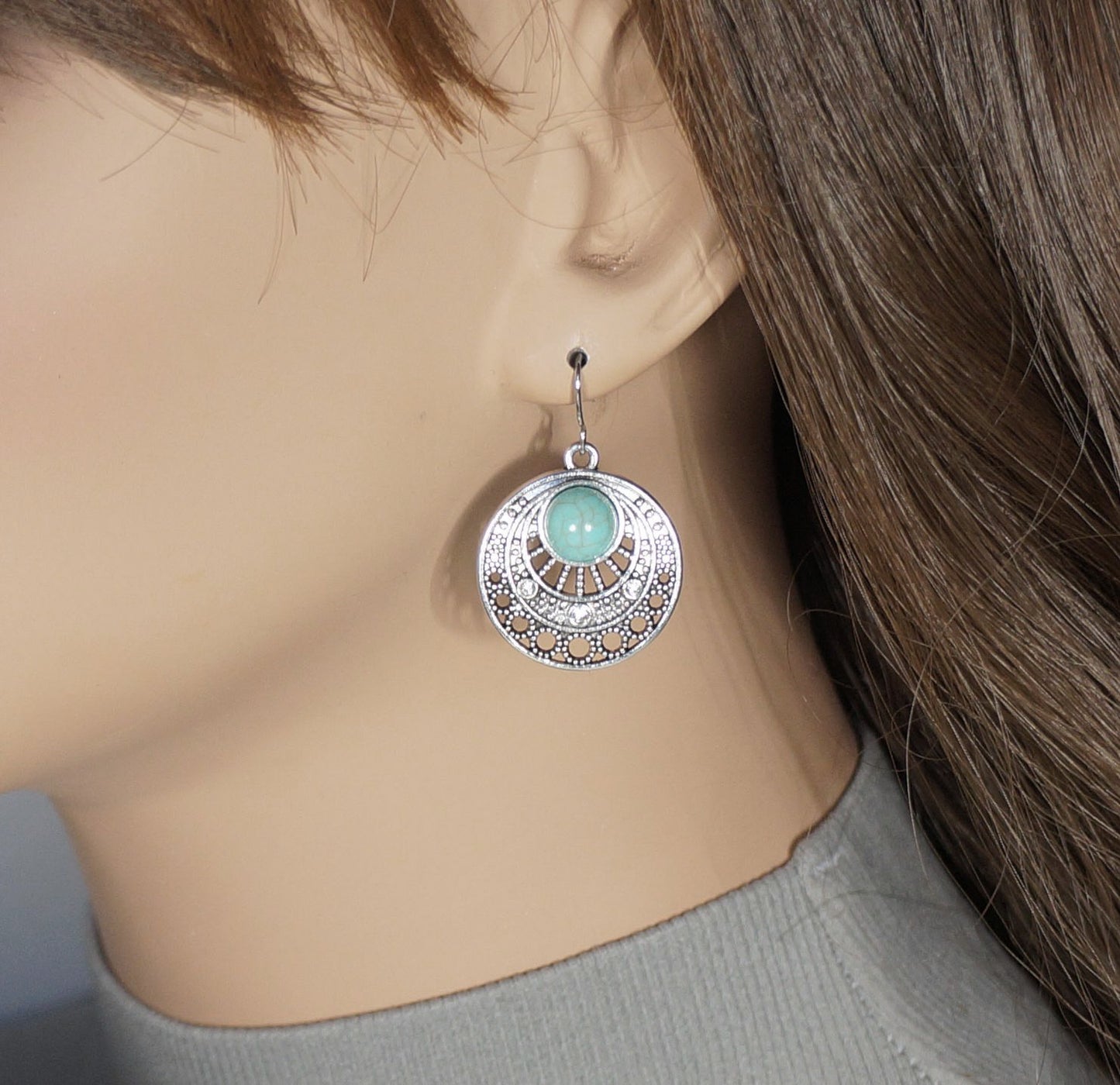 Turquoise and Silver Round Boho Dangle Earrings, Hypoallergenic Platinum Ear Wires, Gift for Her