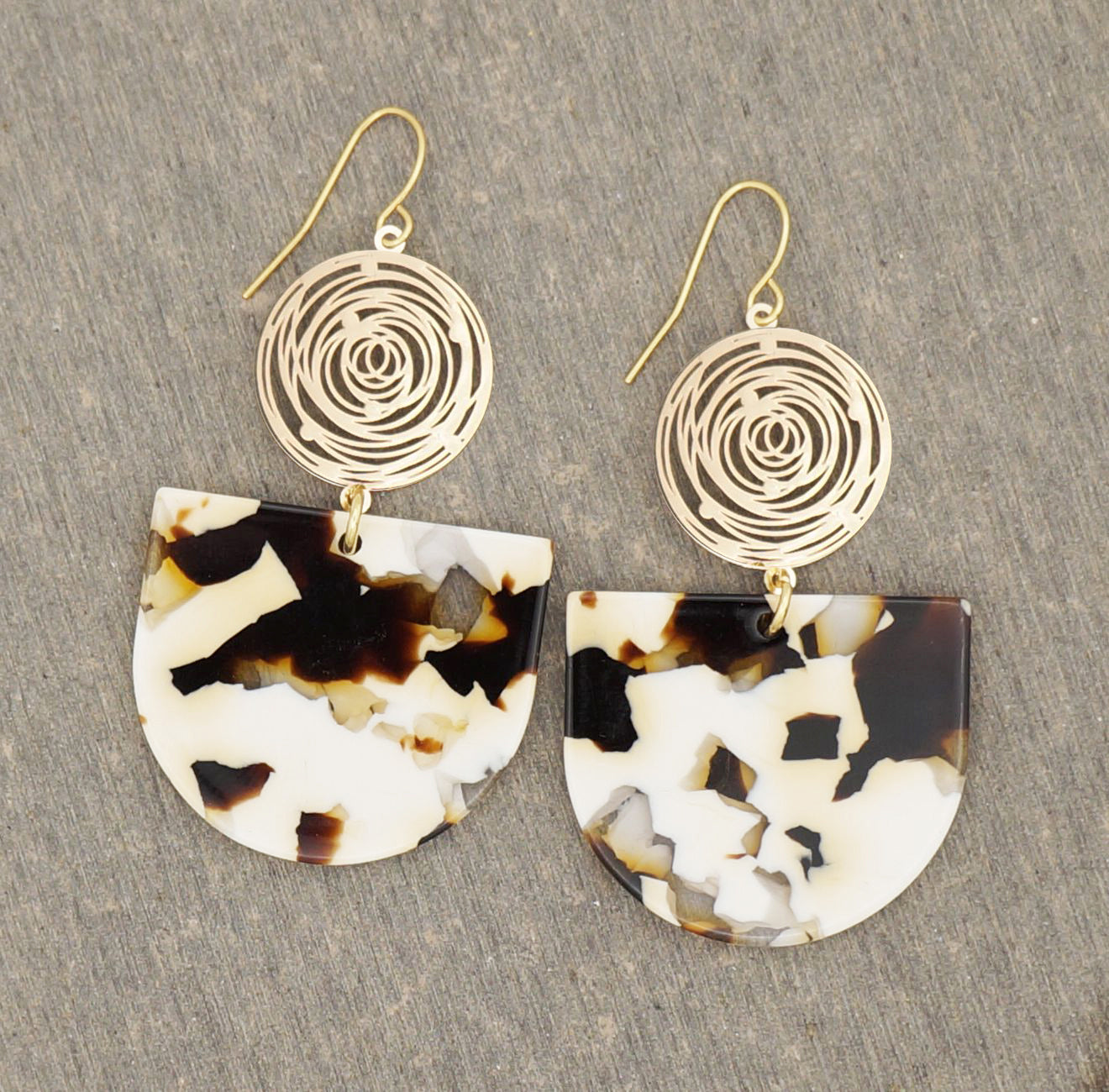 Gold Circles with Brown & Beige Drops Boho Statement Earrings, 18K Gold Ear Wires, Gift for Her