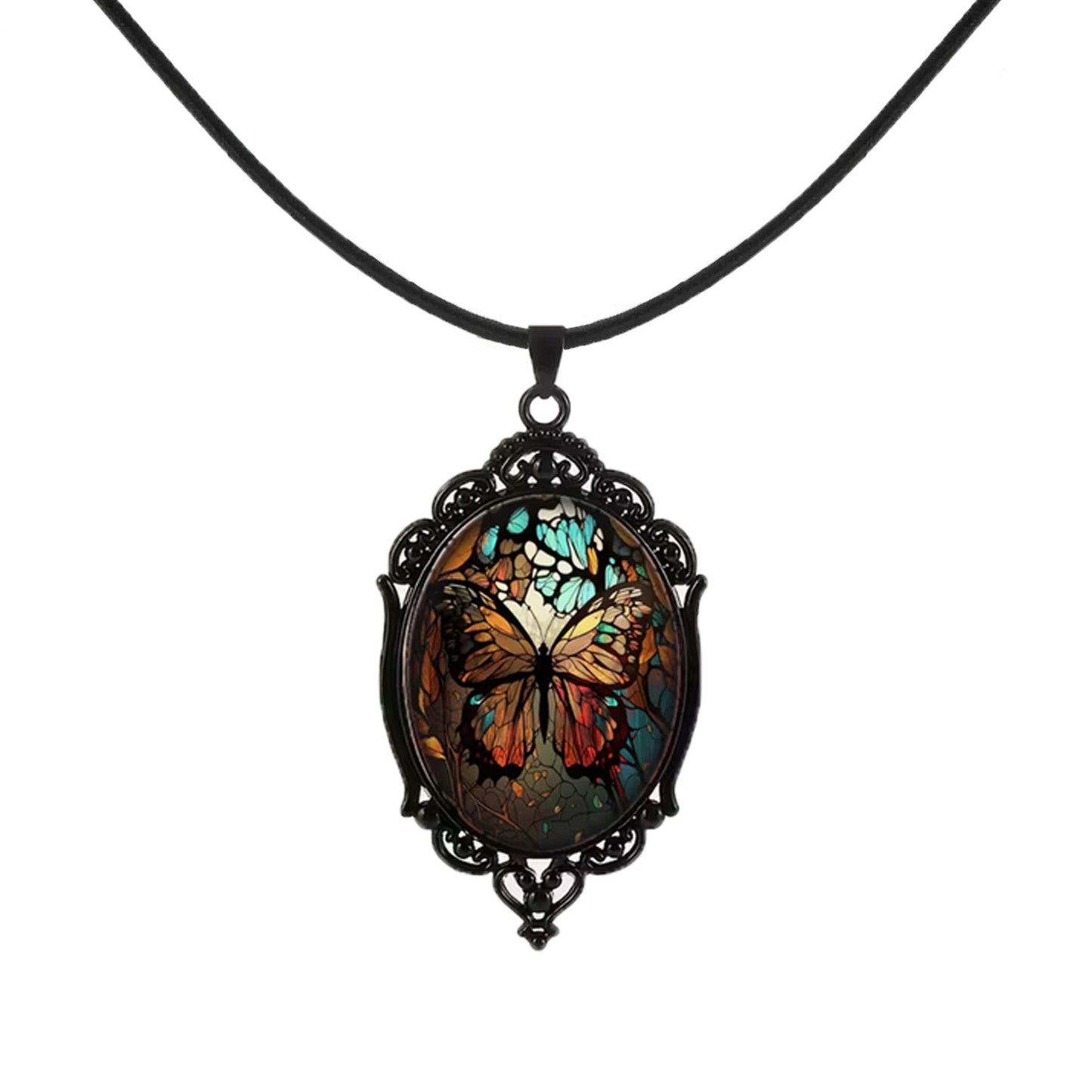 Intricate Highly Detailed Oval 2-D Butterfly Pendant Leather Cord Boho Necklace, Black or Tan Leather, Length Choicesngth Choices, Gift for Her (Copy)