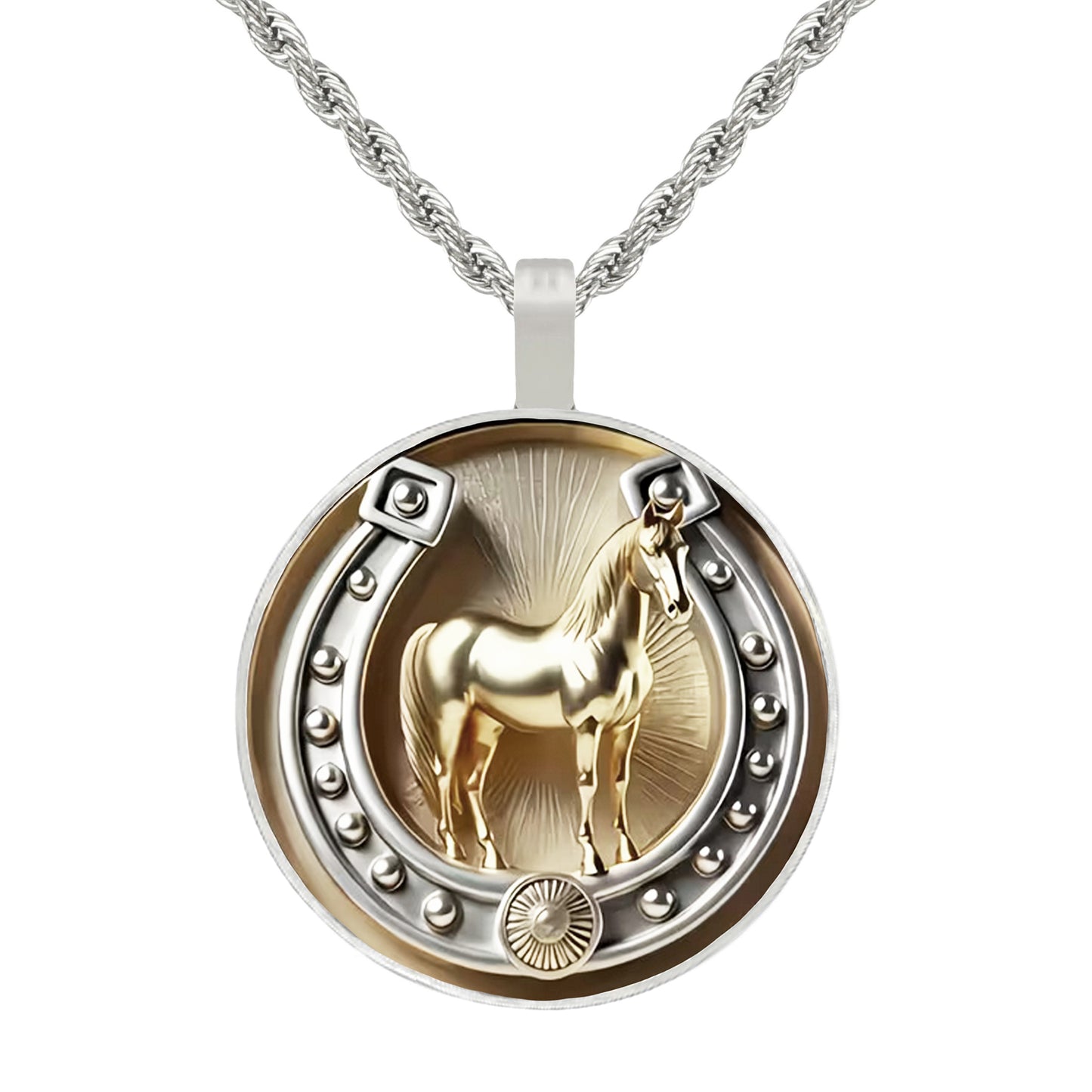 Intricate Highly Detailed Equestrian Horse & Horseshoe Pendant Necklace, Stainless Steel Rope Chain, 20 Inch, Gift for Him or Her