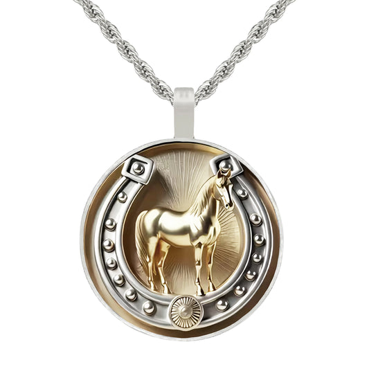 Intricate Highly Detailed Equestrian Horse & Horseshoe Pendant Necklace, Stainless Steel Rope Chain, 20 Inch, Gift for Him or Her