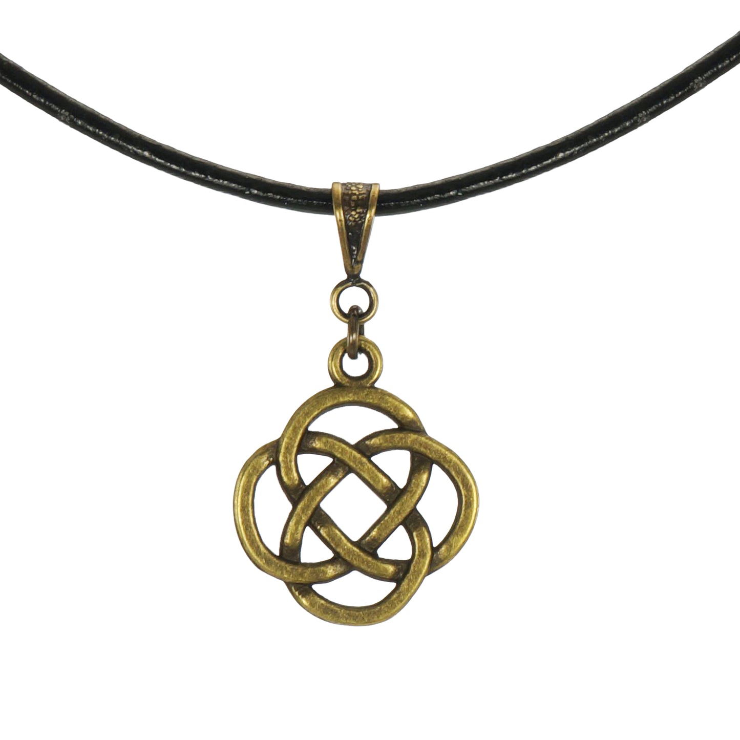 Antique Gold Unisex Minimalist Celtic Knot Pendant, Black Leather Cord, Length Choices, Gift for Him or Her