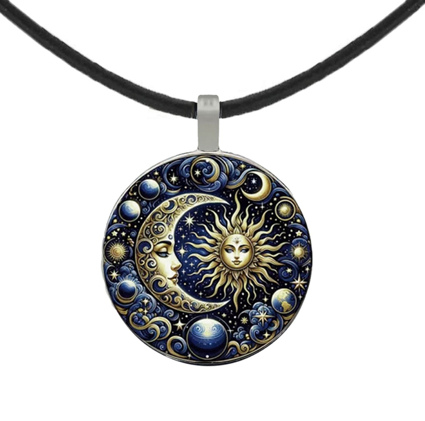 Blue Highly Detailed Sun Goddess & Moon Pendant Leather Cord Statement Necklace, Color and Length Choices
