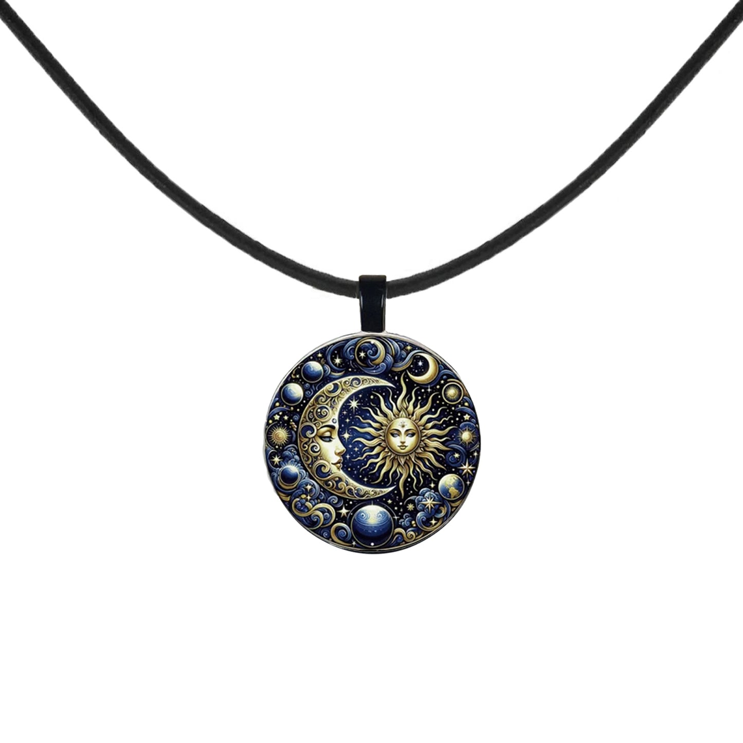 Blue Highly Detailed Sun Goddess & Moon Pendant Leather Cord Statement Necklace, Color and Length Choices