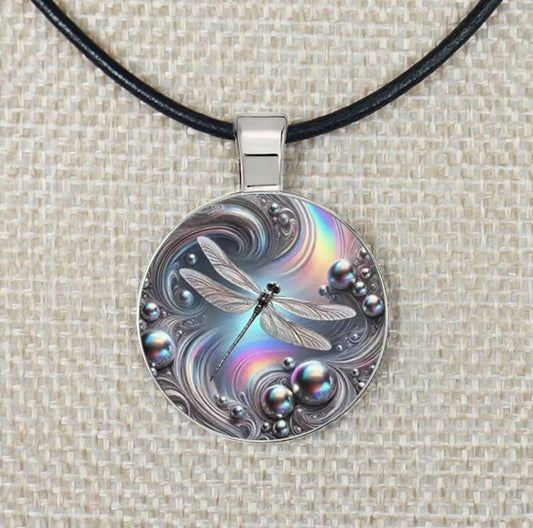 Mystical Rainbow 2-D Dragonfly High Detailed Pendant & Black Leather Cord Necklace, Length Choices, Gift for Her