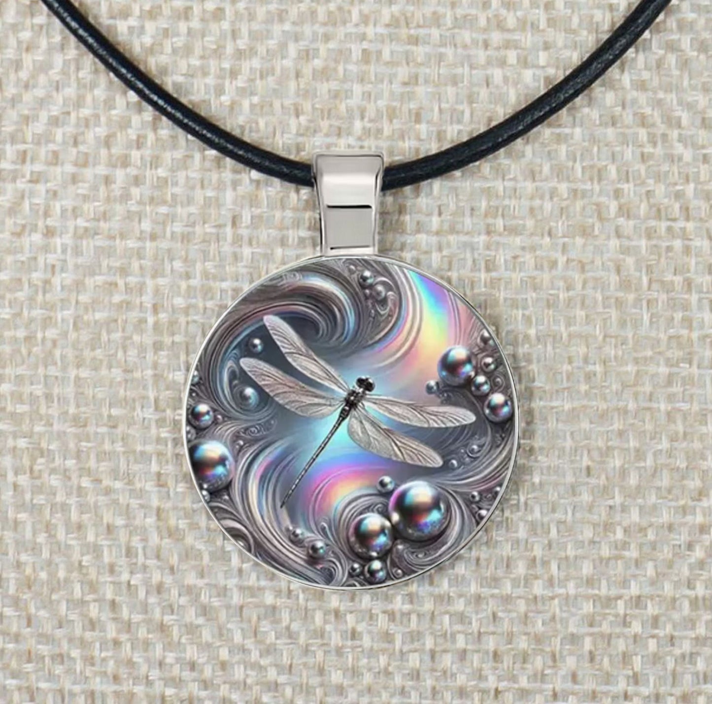 Mystical Rainbow 2-D Dragonfly High Detailed Pendant & Black Leather Cord Necklace, Length Choices, Gift for Her
