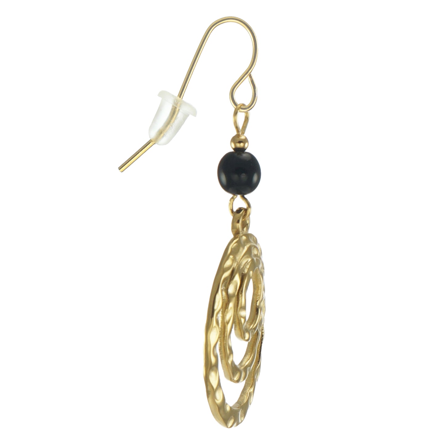 Gold Oval Hammered Drops with Black Beads, Lightweight Boho Statement Earrings, Hypoallergenic 18K Gold Ear Wires, Gift for Her