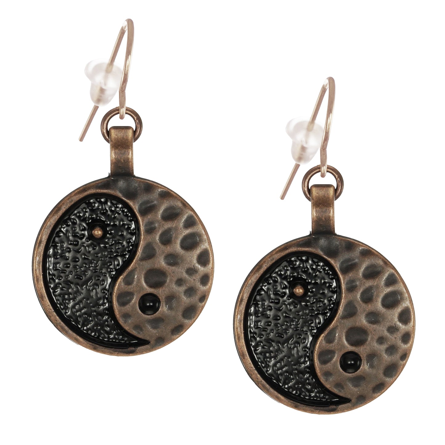 Yin Yang Dangle Earrings, Black and Hammered Copper, Hypoallergenic Rose Gold Ear Wires, Gift for Her